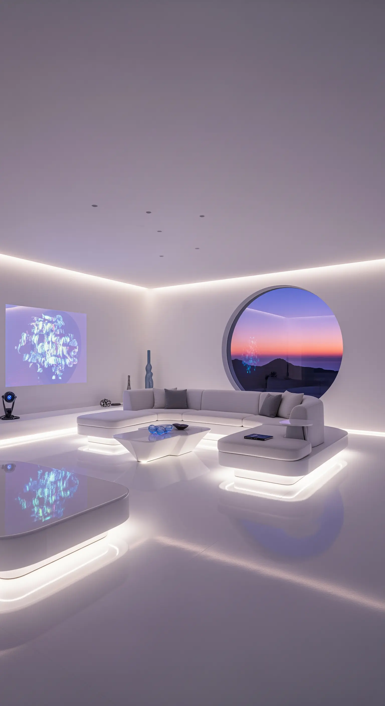 Futuristisches weißes Wohnzimmer mit integrierter LED-Beleuchtung in Möbeln und Wänden.