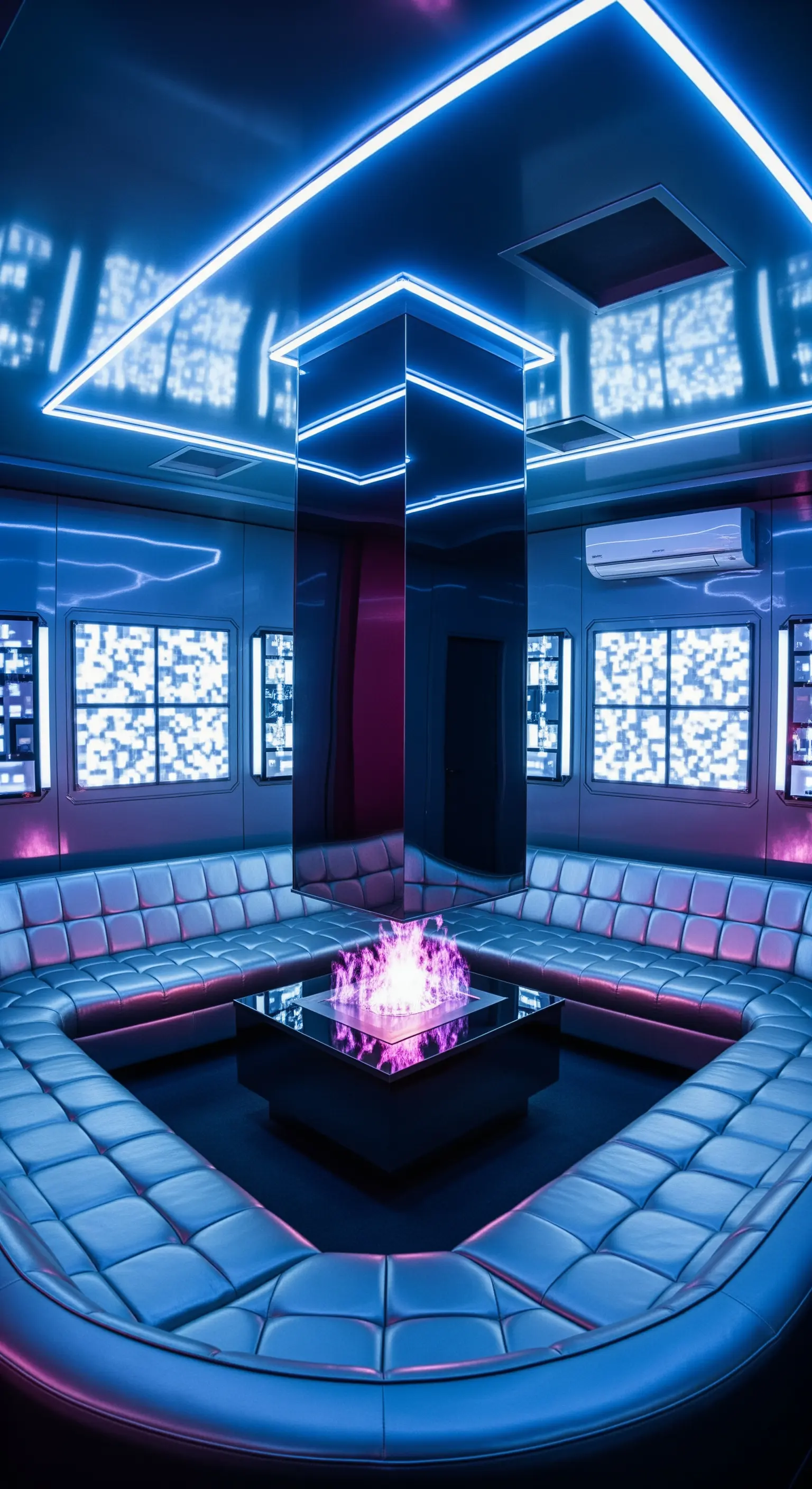Futuristischer Raum mit blauer Neonbeleuchtung und silberfarbenen Ledersofas um einen Kamin.