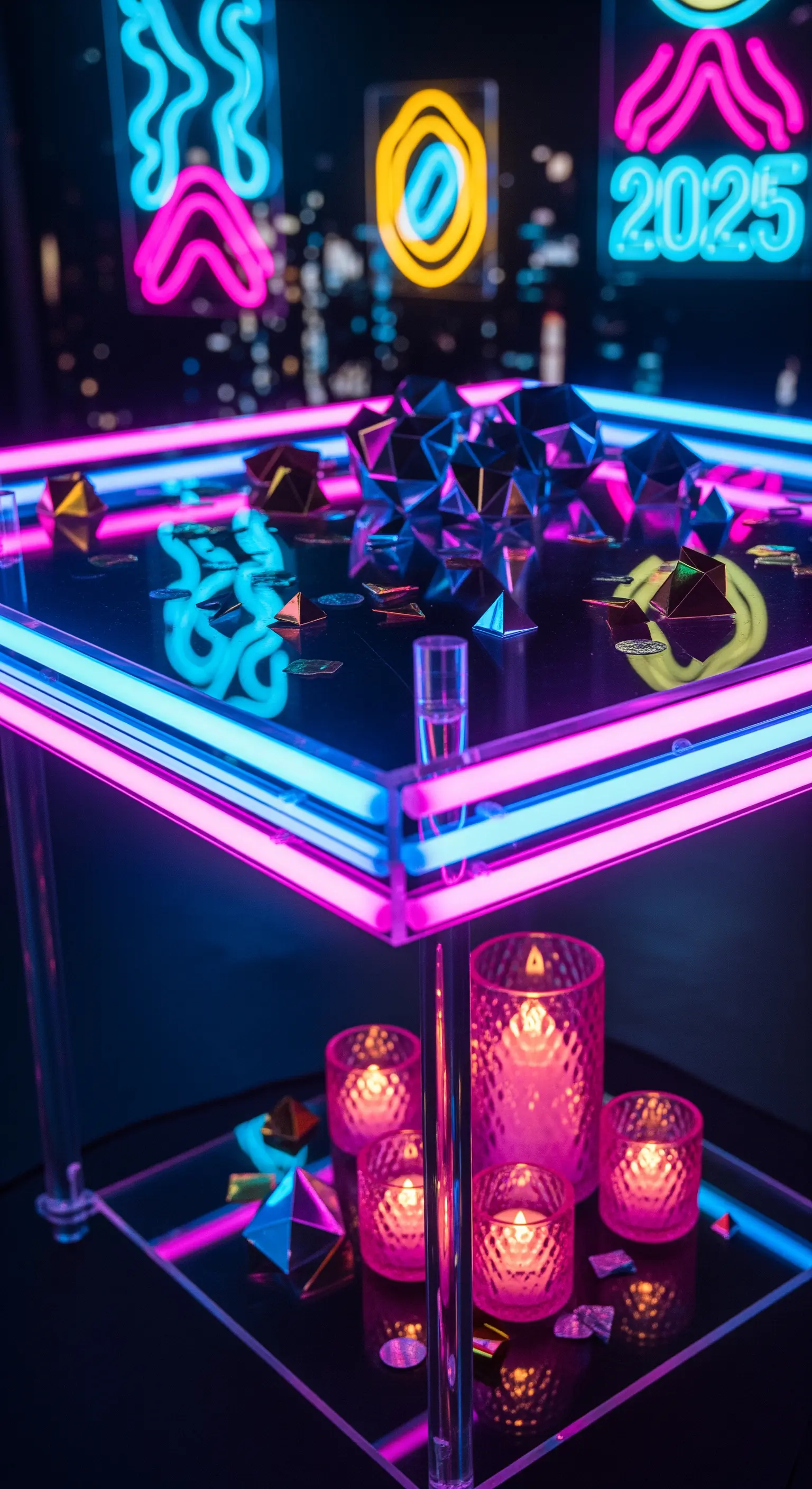 Futuristische Neujahrstischdeko mit Neonlichtern in Pink/Blau, geometrischen Objekten und Teelichtern.