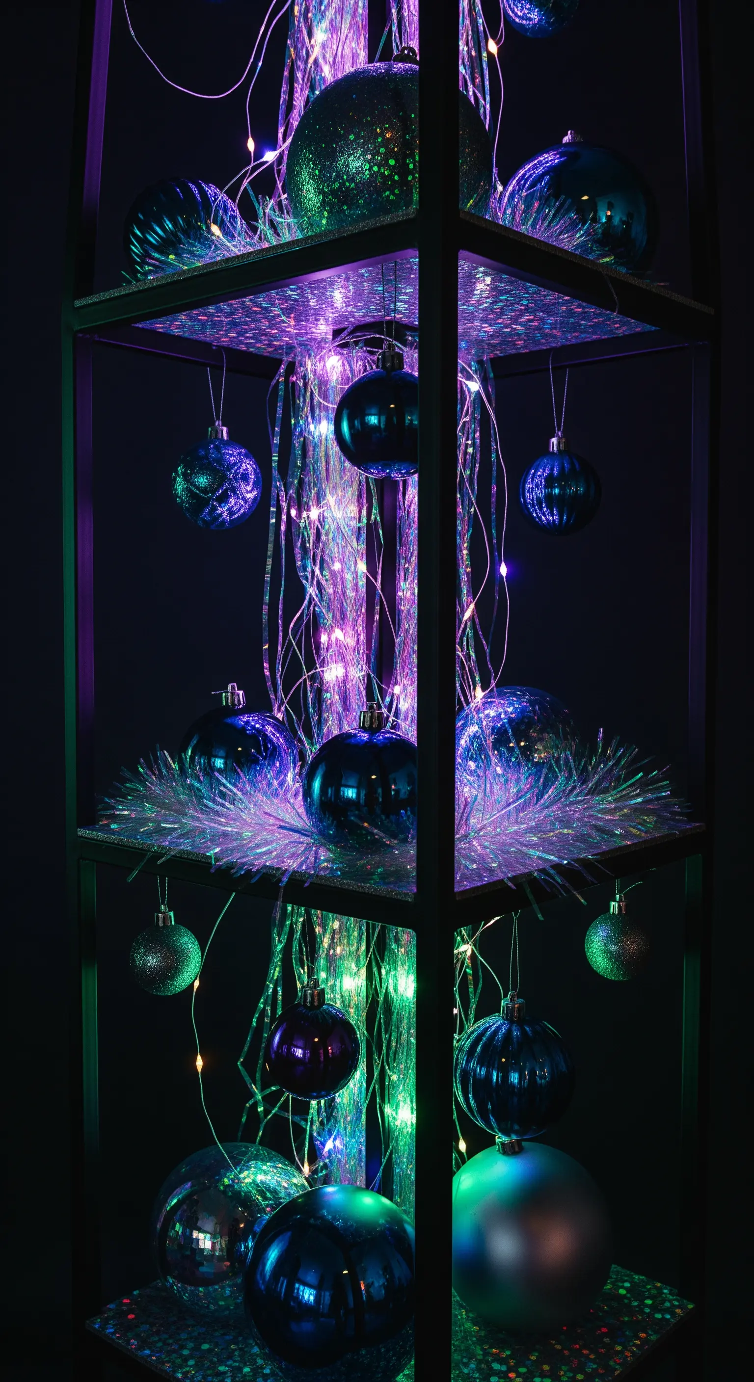 Schwarzes Regal mit blauen Kugeln und leuchtenden Glasfaser-Lichtern.