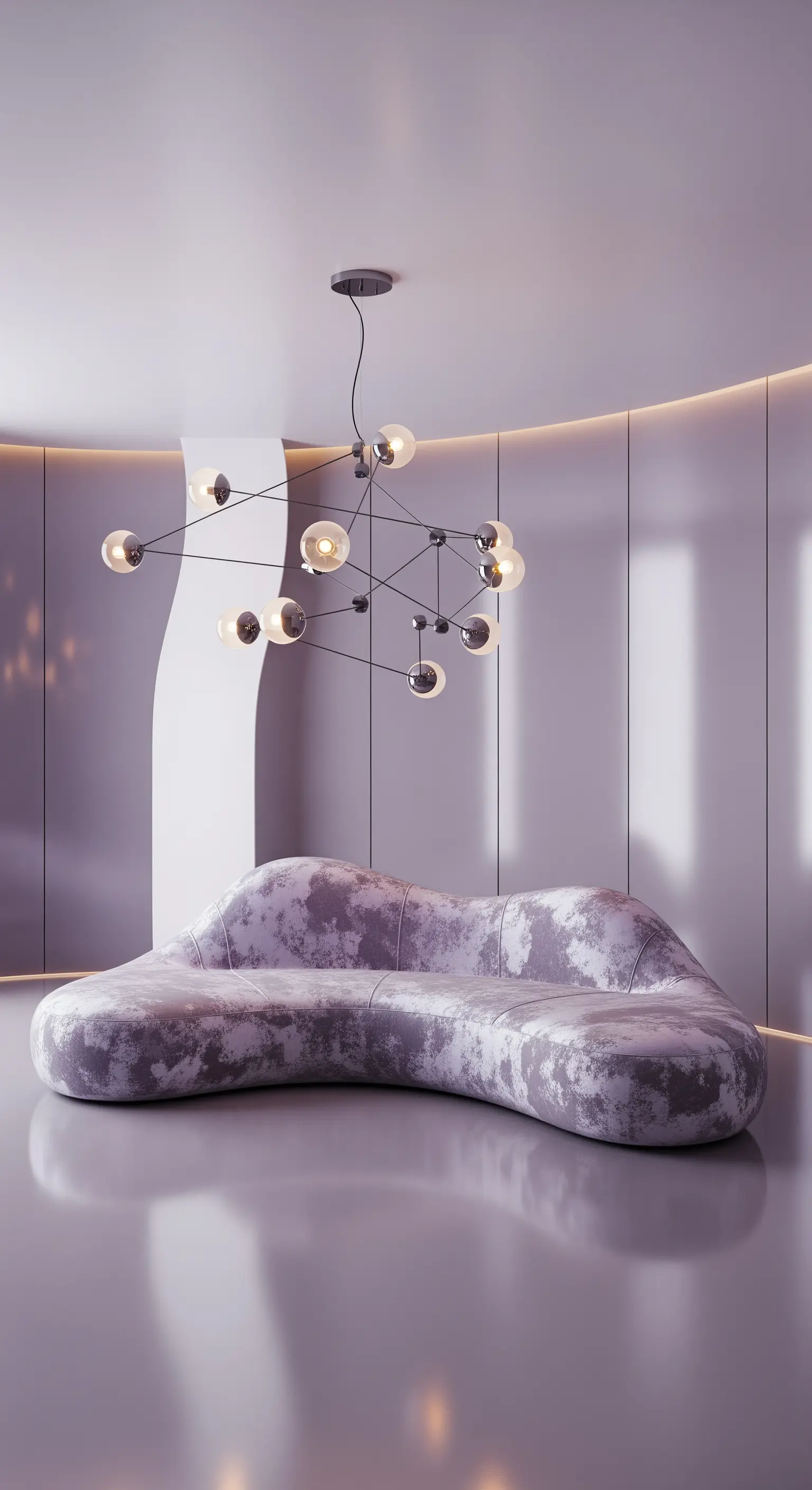 Futuristisches, organisch geformtes Sofa in einem minimalistischen Raum mit violetter Beleuchtung.