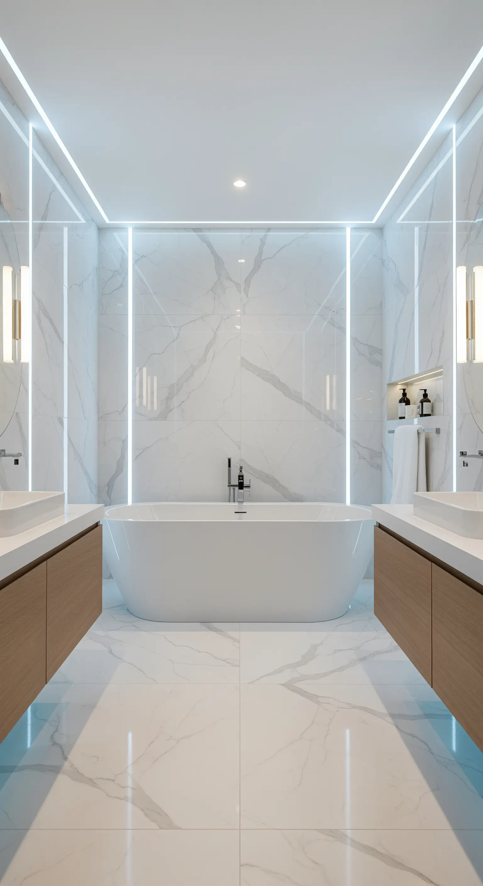 Modernes, symmetrisches Badezimmer mit vertikalen LED-Lichtstreifen an den Wänden.