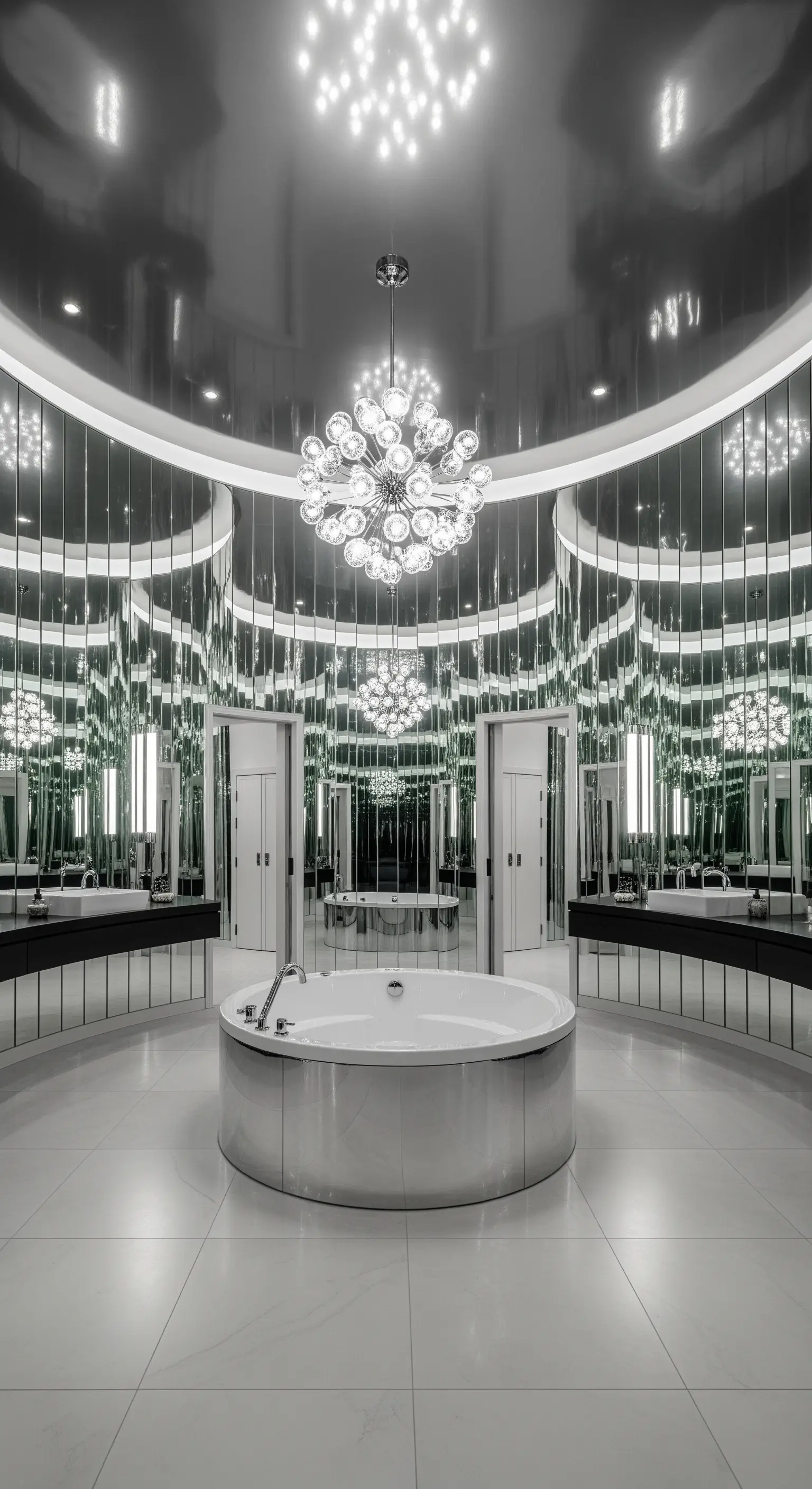 Futuristisches rundes Badezimmer mit komplett verspiegelten Wänden und Decke sowie einem modernen Kronleuchter.