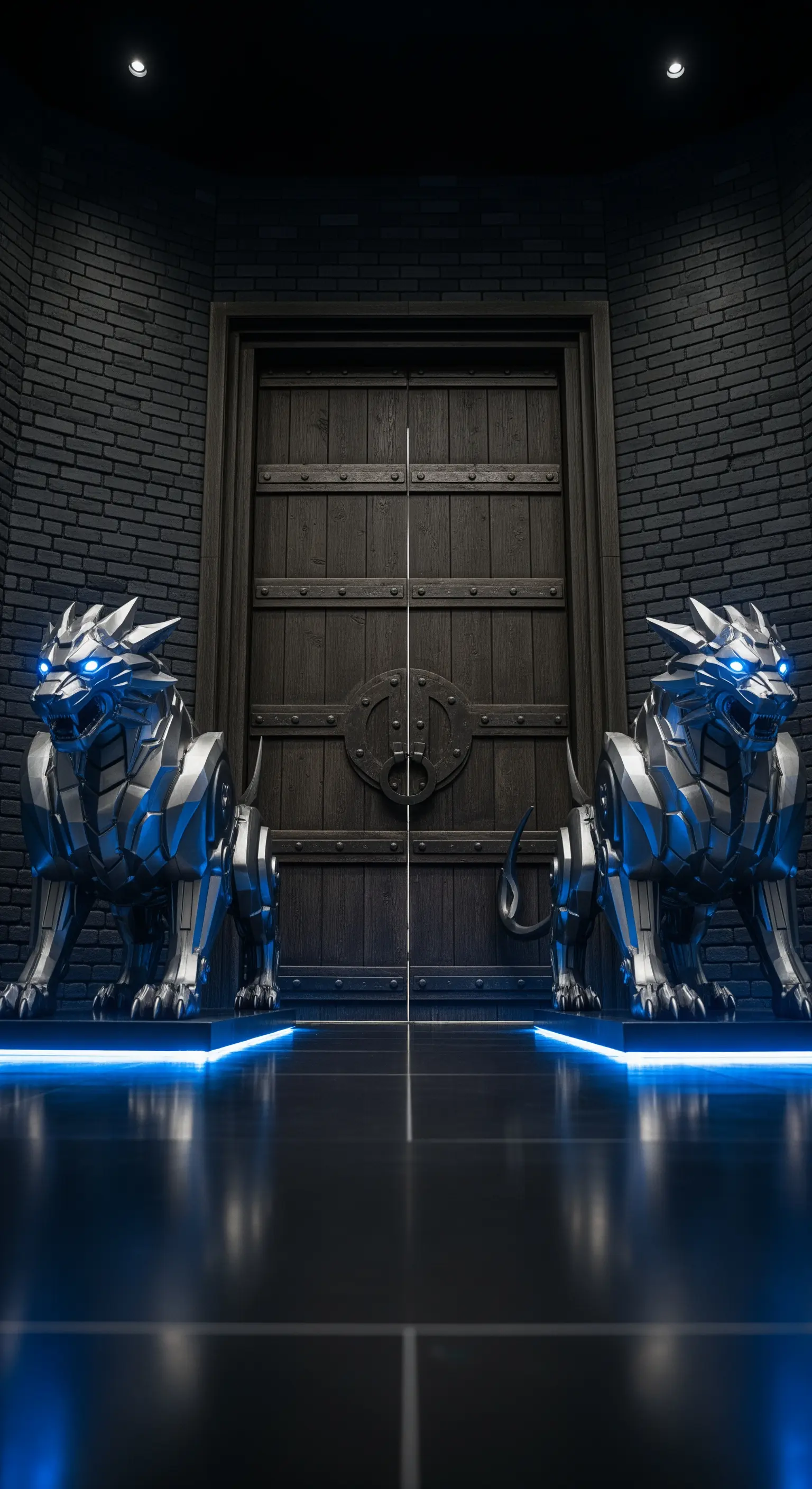 Futuristische Löwenstatuen mit blauen Augen flankieren Holztür.