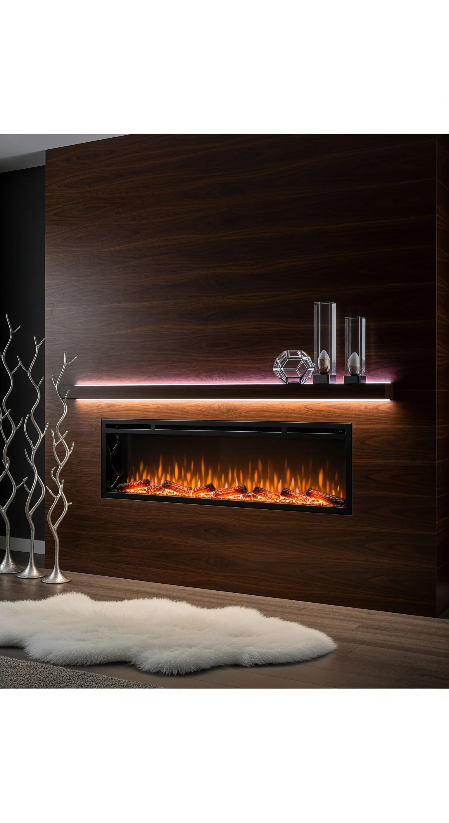 Moderner Holzkamin mit LED-Beleuchtung, minimalistischer Deko und weißem Fellteppich