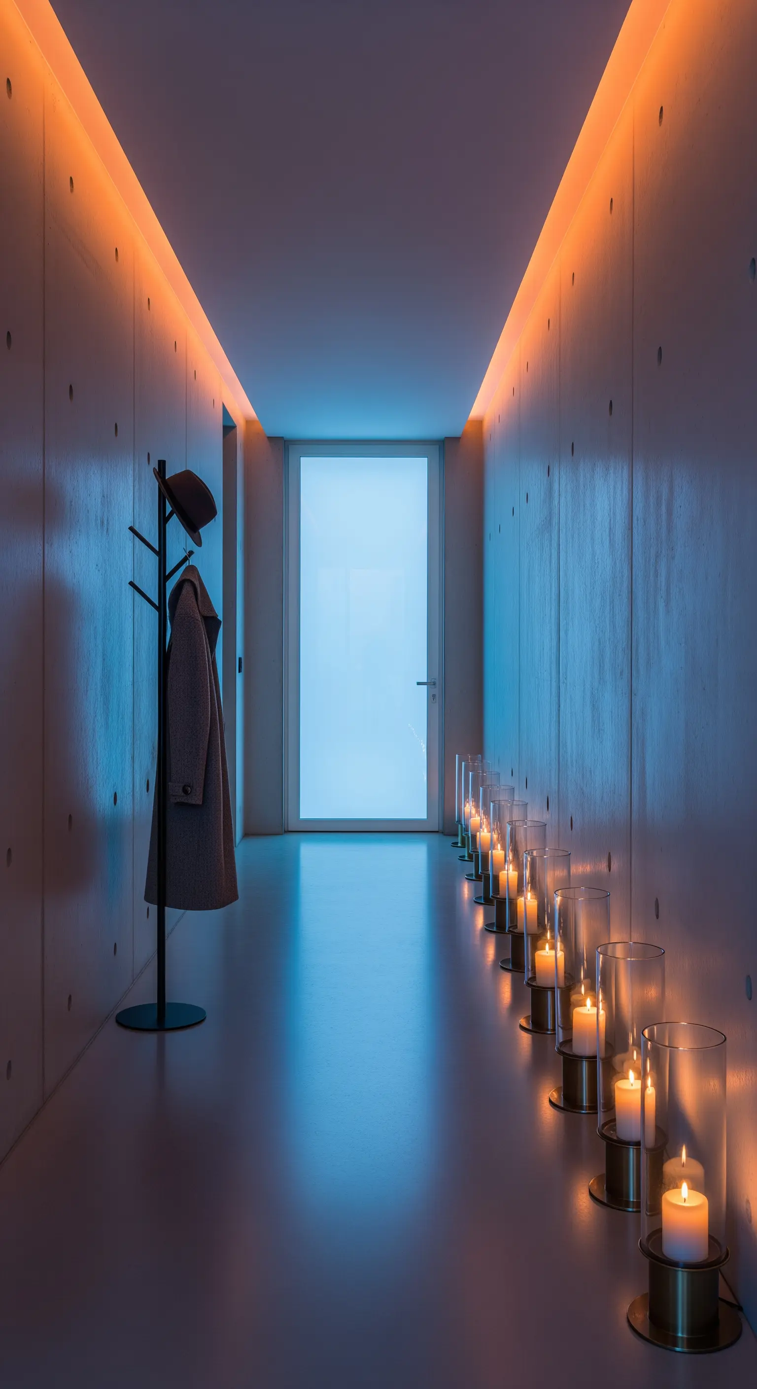 Langer Flur mit orangefarbener LED-Beleuchtung, blauer Tür und Kerzenreihe