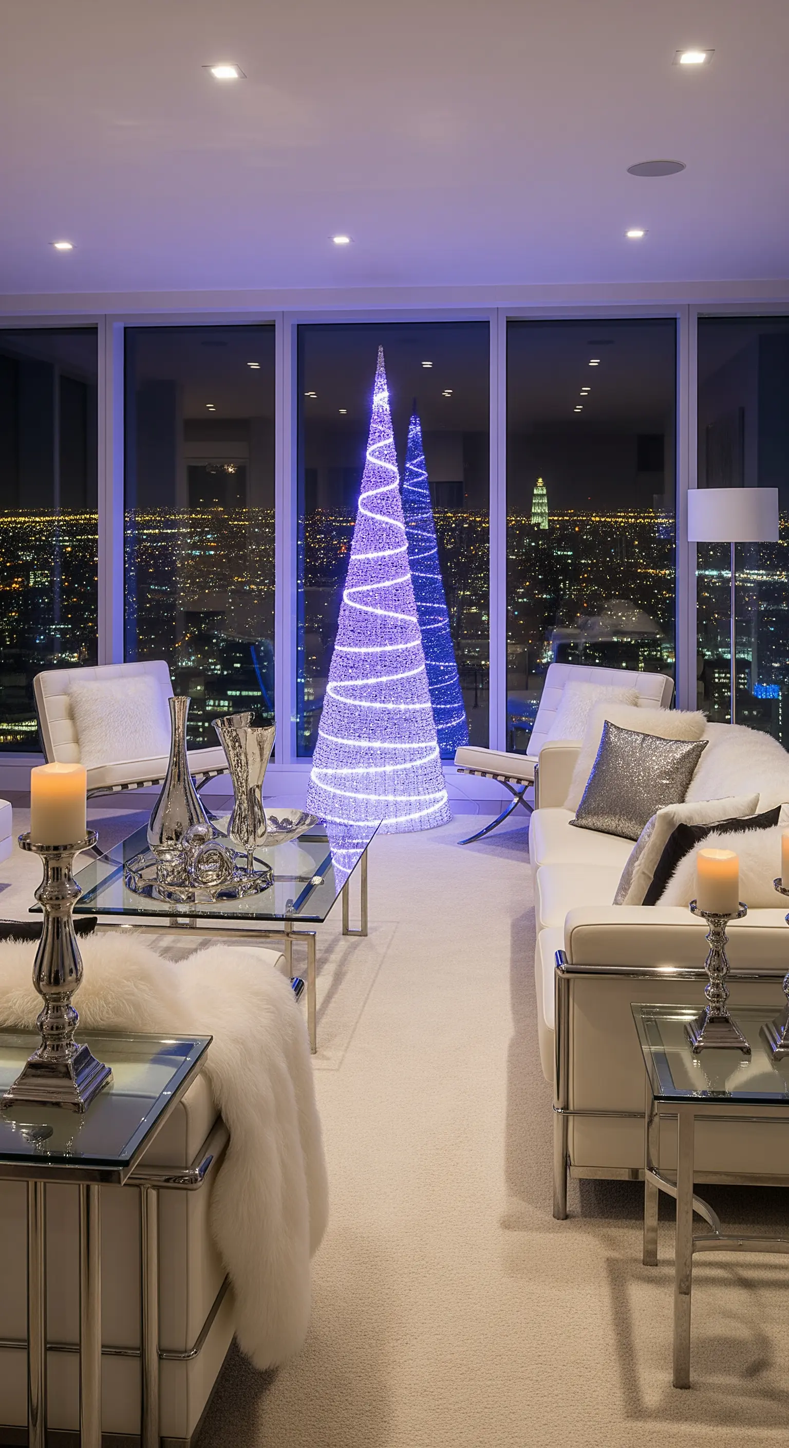 Modernes Wohnzimmer mit leuchtendem, konischem Weihnachtsbaum in Blau/Violett vor Stadtpanorama.