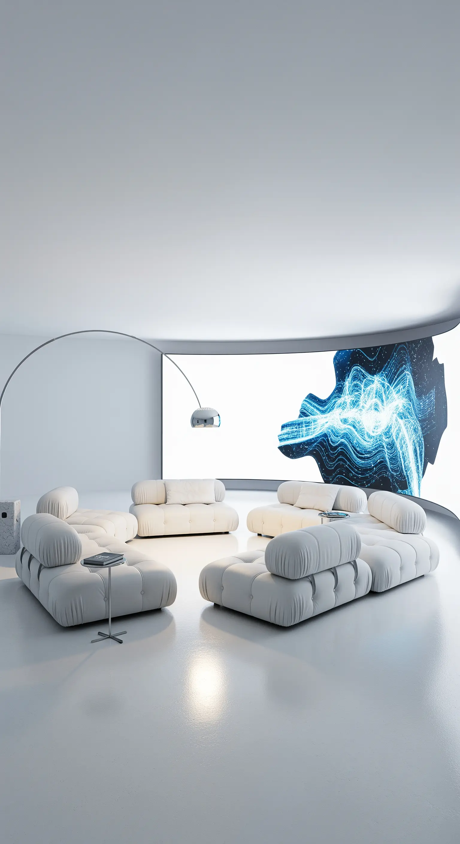 Weiße, futuristische Sitzmodule in einem minimalistischen, komplett weißen Raum mit einer großen Videowand.
