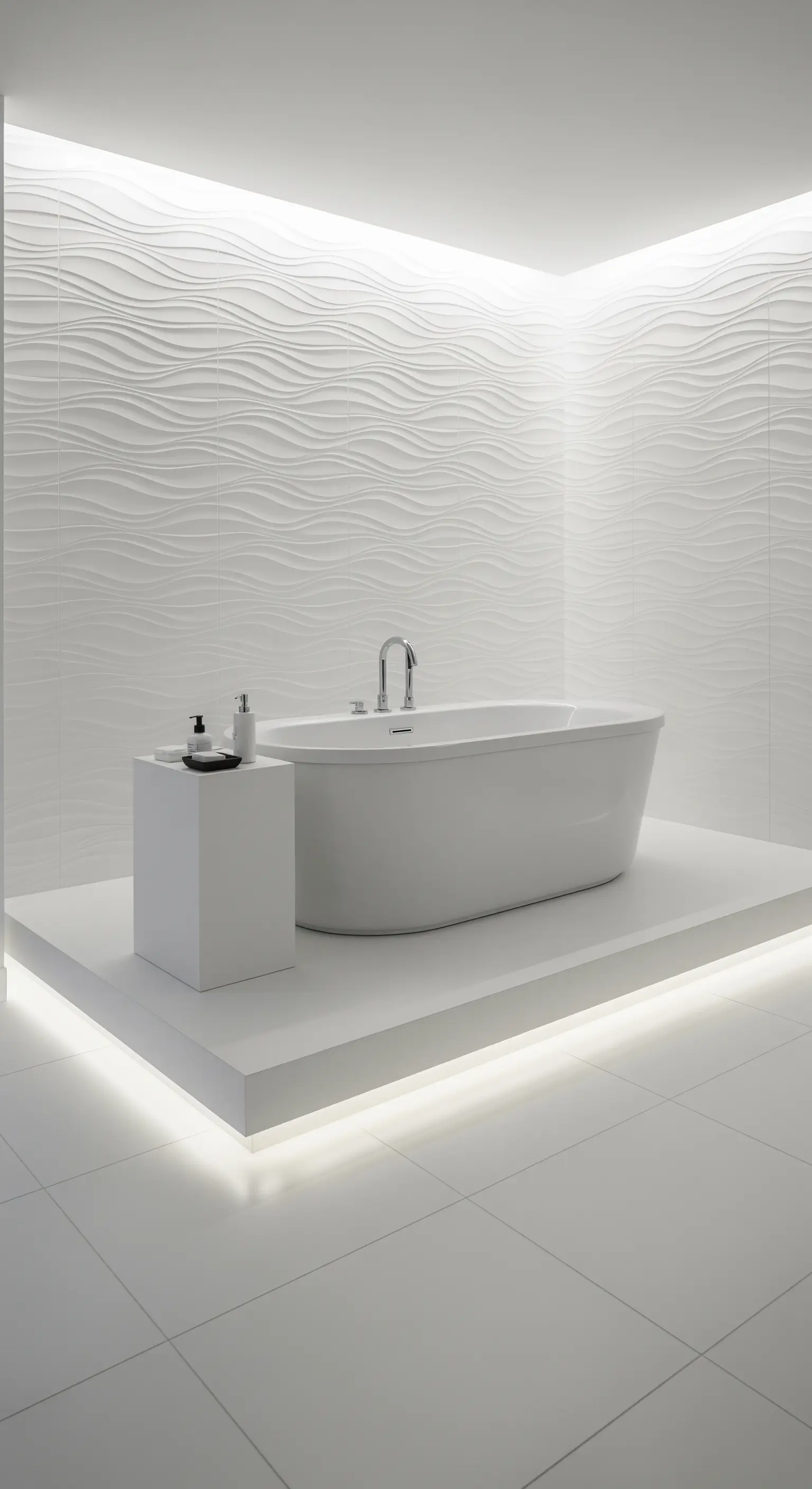 Weiße, freistehende Badewanne auf einem beleuchteten Podest in einem futuristisch-weißen Raum