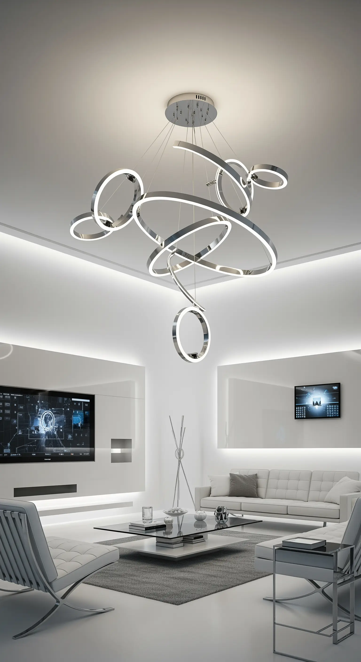 Futuristischer LED-Kronleuchter aus Chromringen in einem weißen, minimalistischen Wohnzimmer.