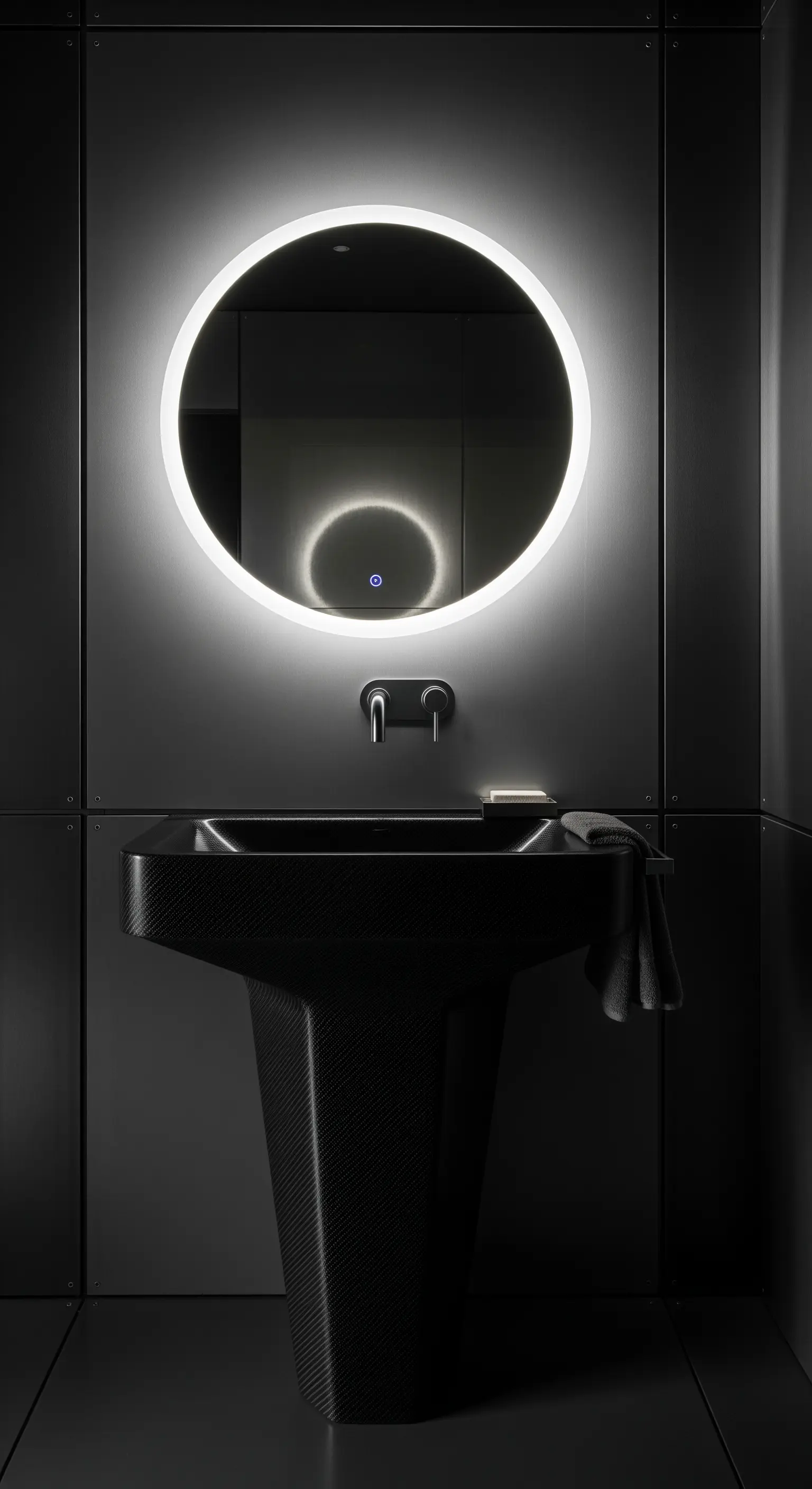 Futuristisches Carbon-Waschbecken, runder beleuchteter Spiegel, dunkle Wände