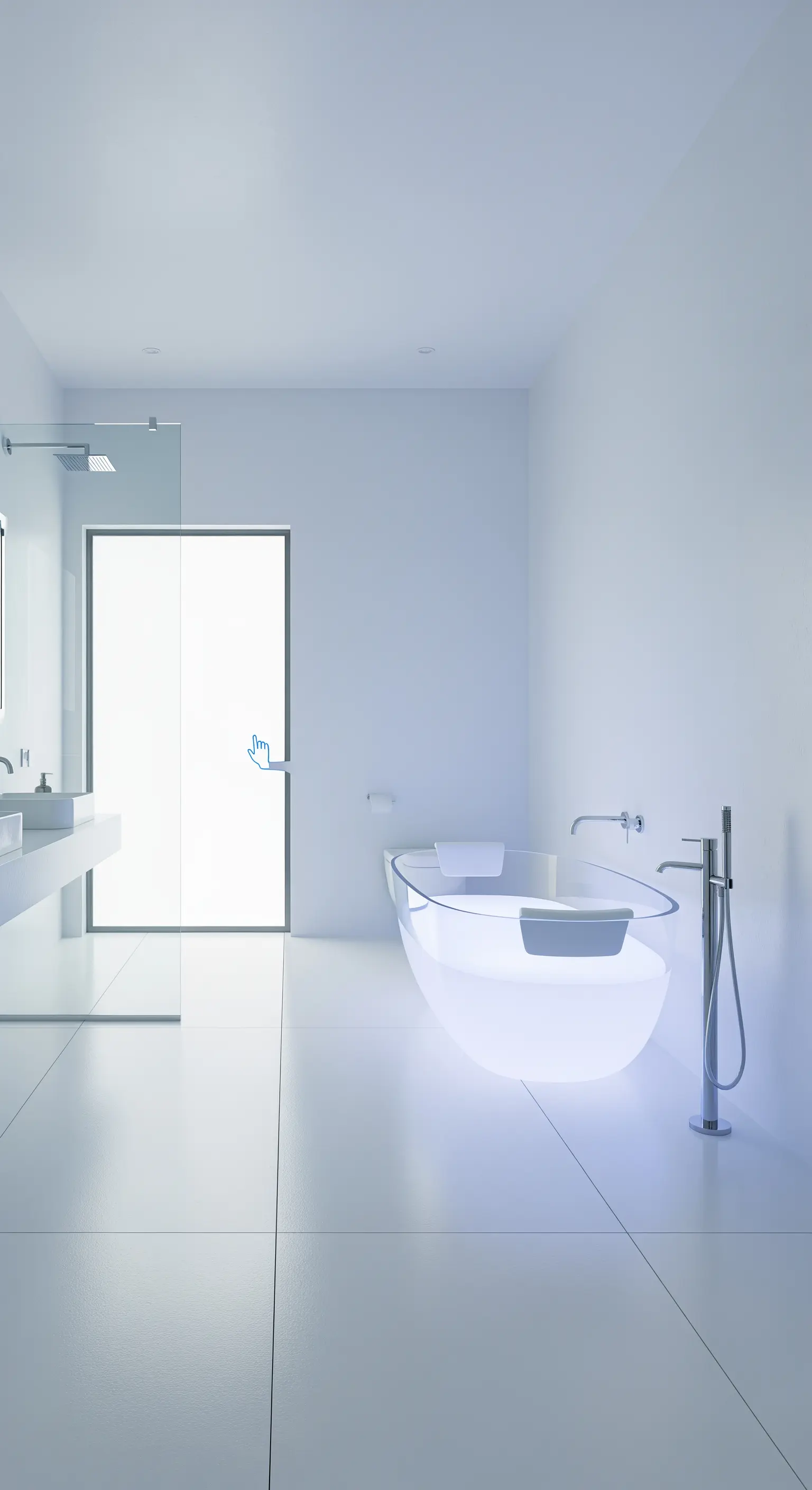 Durchsichtige, von innen beleuchtete Badewanne in einem komplett weißen, minimalistischen Badezimmer.