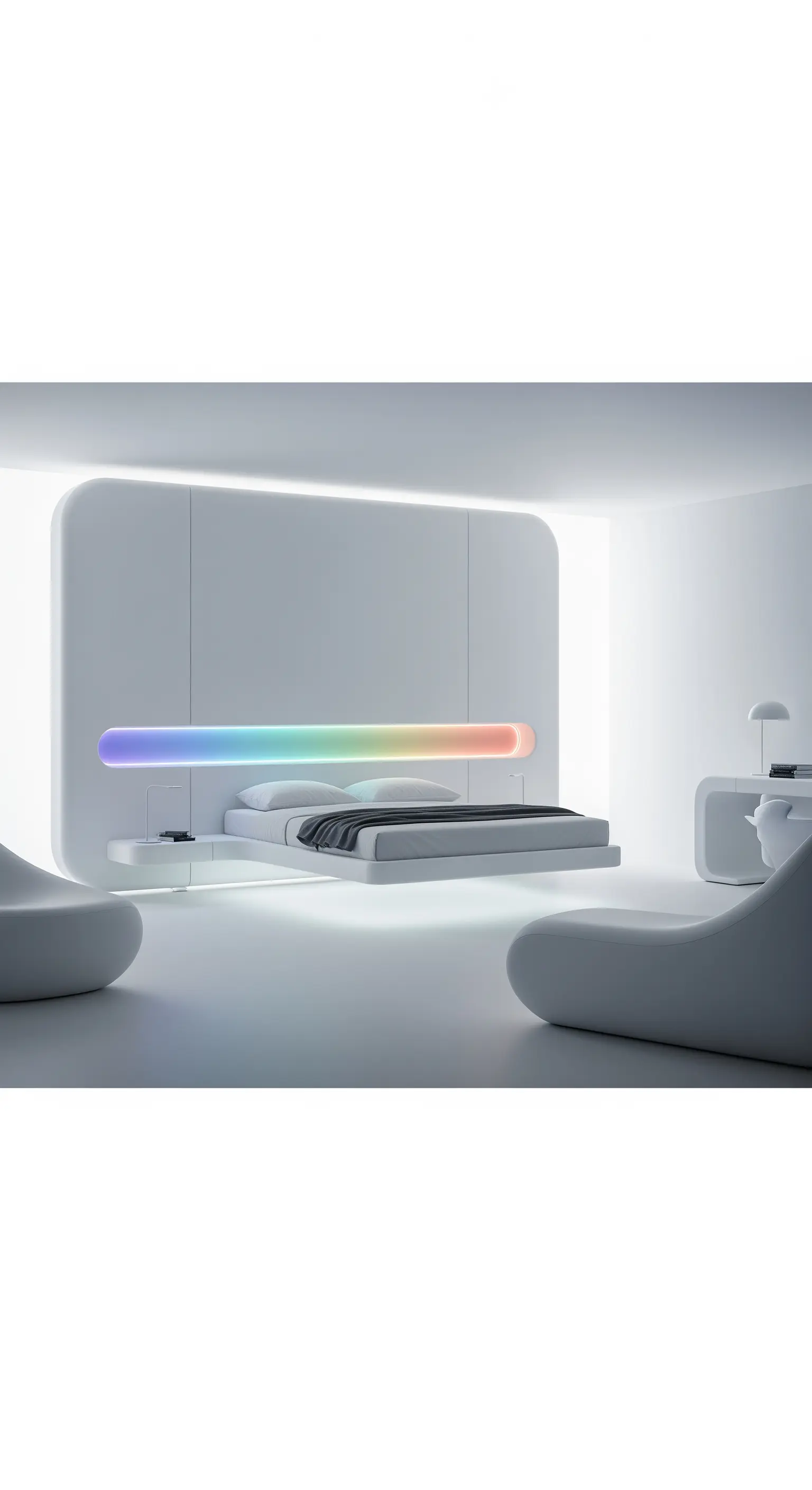 Futuristisches weißes Schlafzimmer mit integriertem Lichtbalken mit Farbverlauf als Kopfteil.