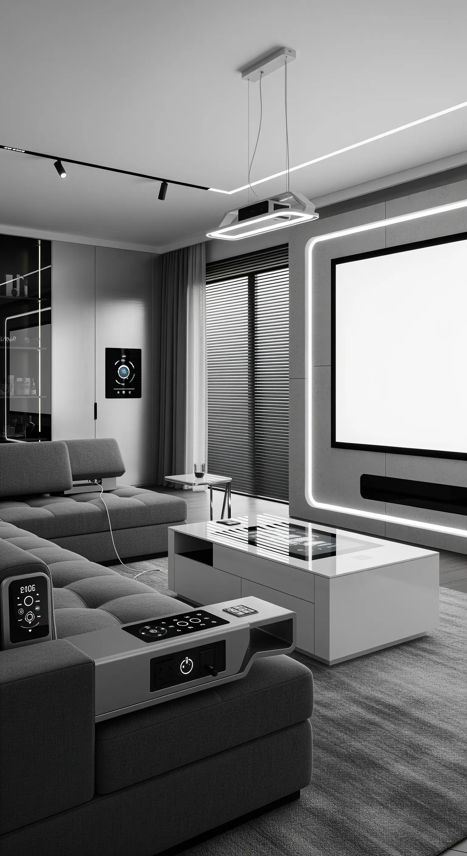 Futuristisches, minimalistisches Wohnzimmer mit integrierter Medientechnik.