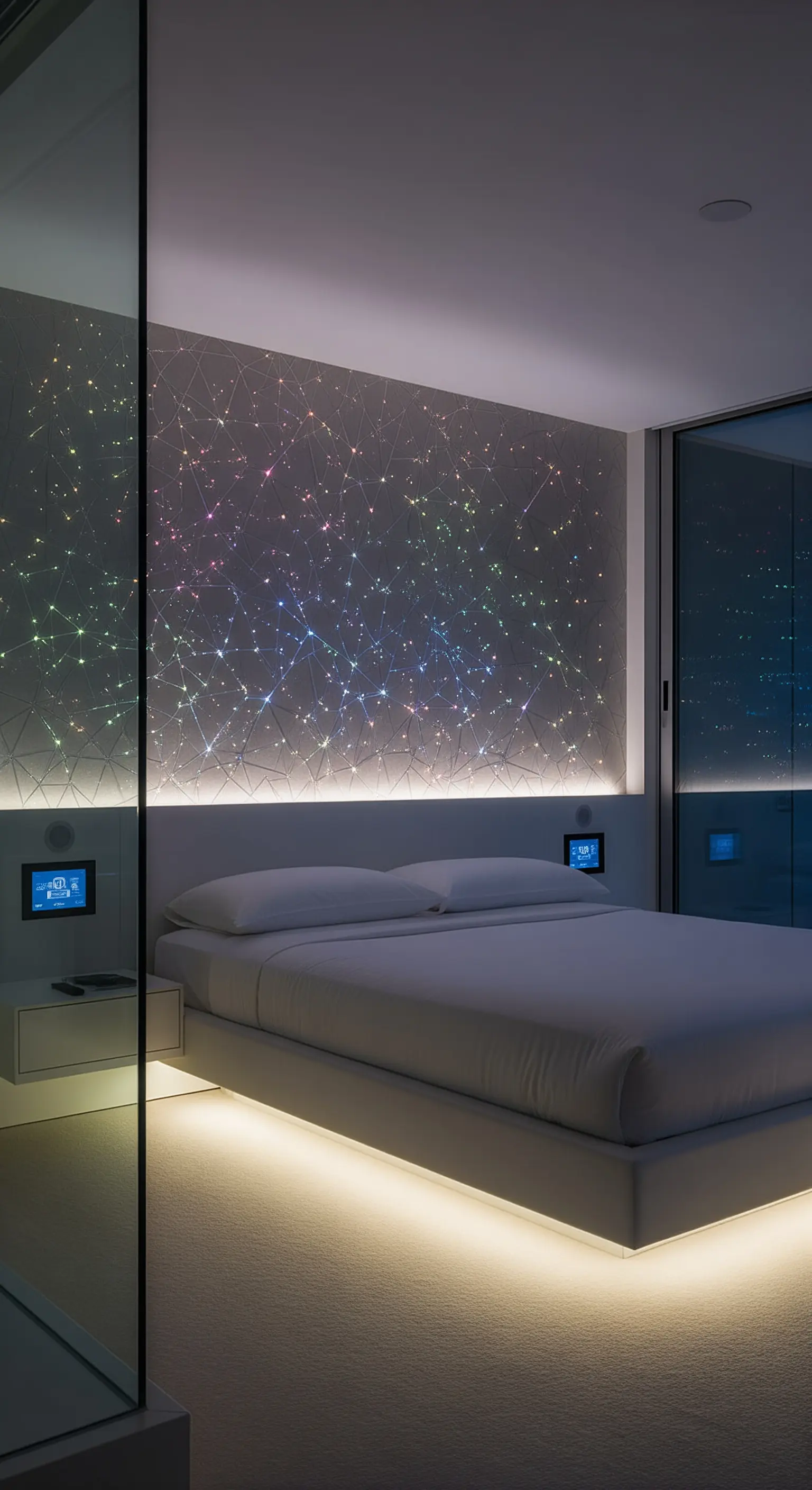 Futuristisches Schlafzimmer mit einer leuchtenden Sternenkonstellation an der Wand.