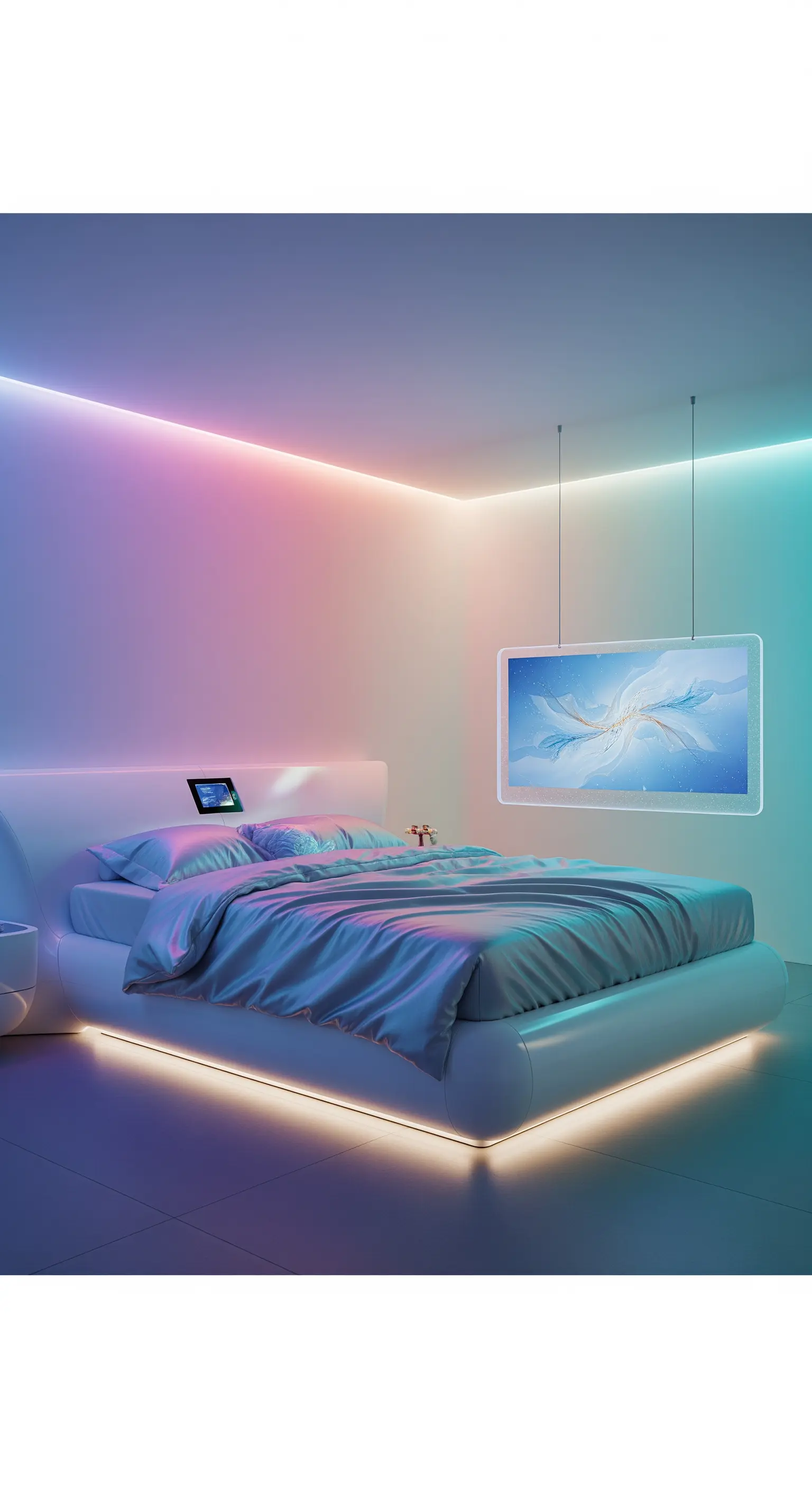 Futuristisches Schlafzimmer mit geschwungenem Bett und bunter LED-Beleuchtung an Decke und Bett.