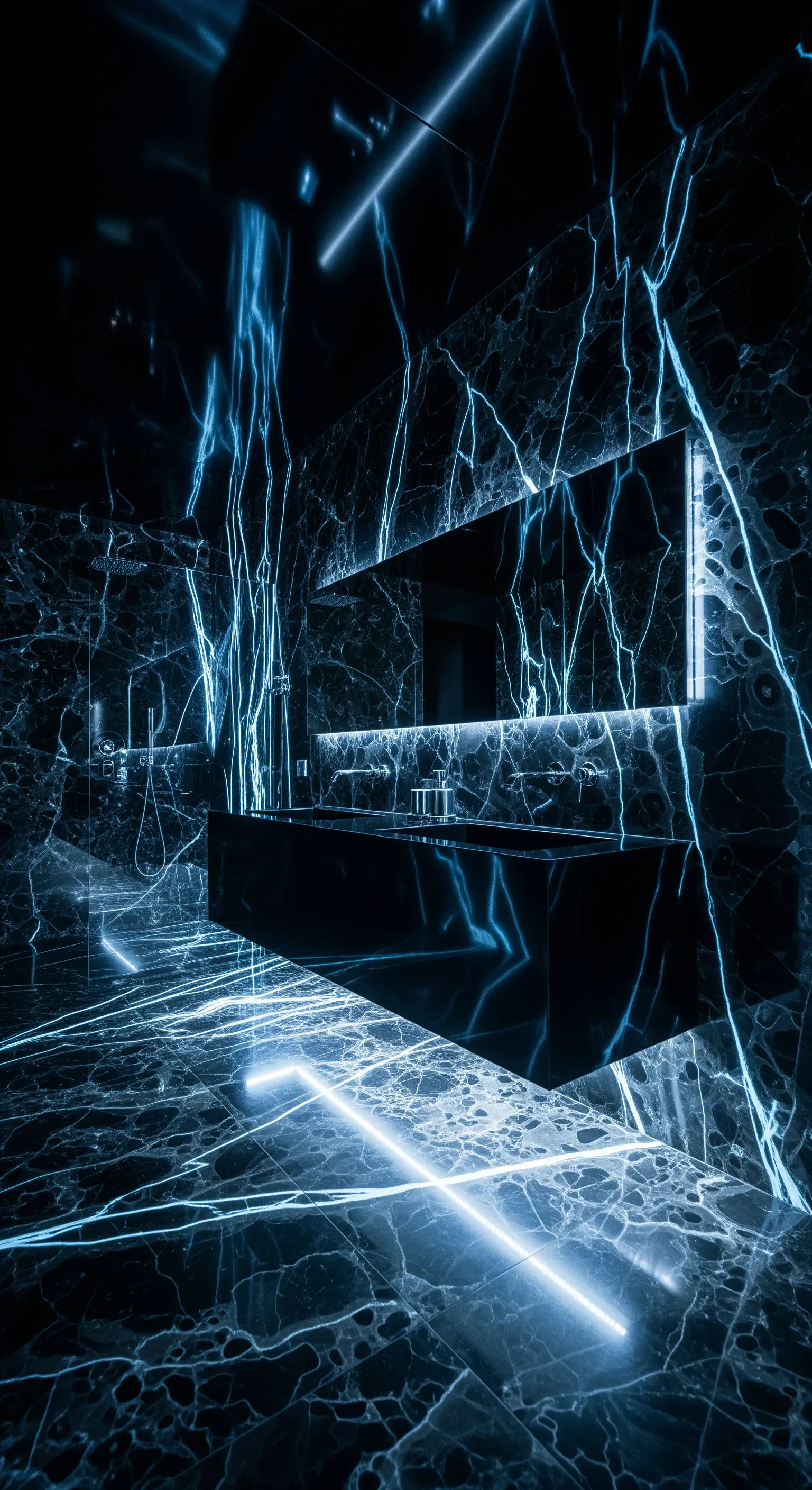 Blauer Onyx mit Blitzmuster, blaue LED-Streifen, futuristisches Badezimmer