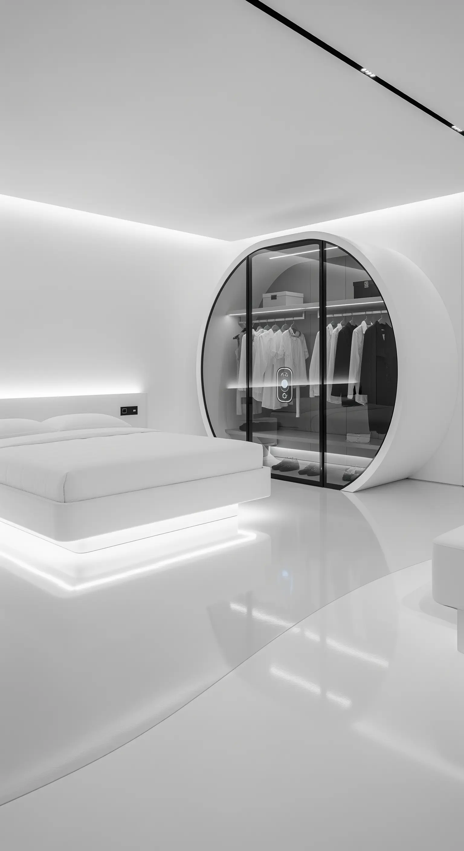 Futuristisches, weißes Schlafzimmer mit einem runden, beleuchteten Glas-Kleiderschrank.