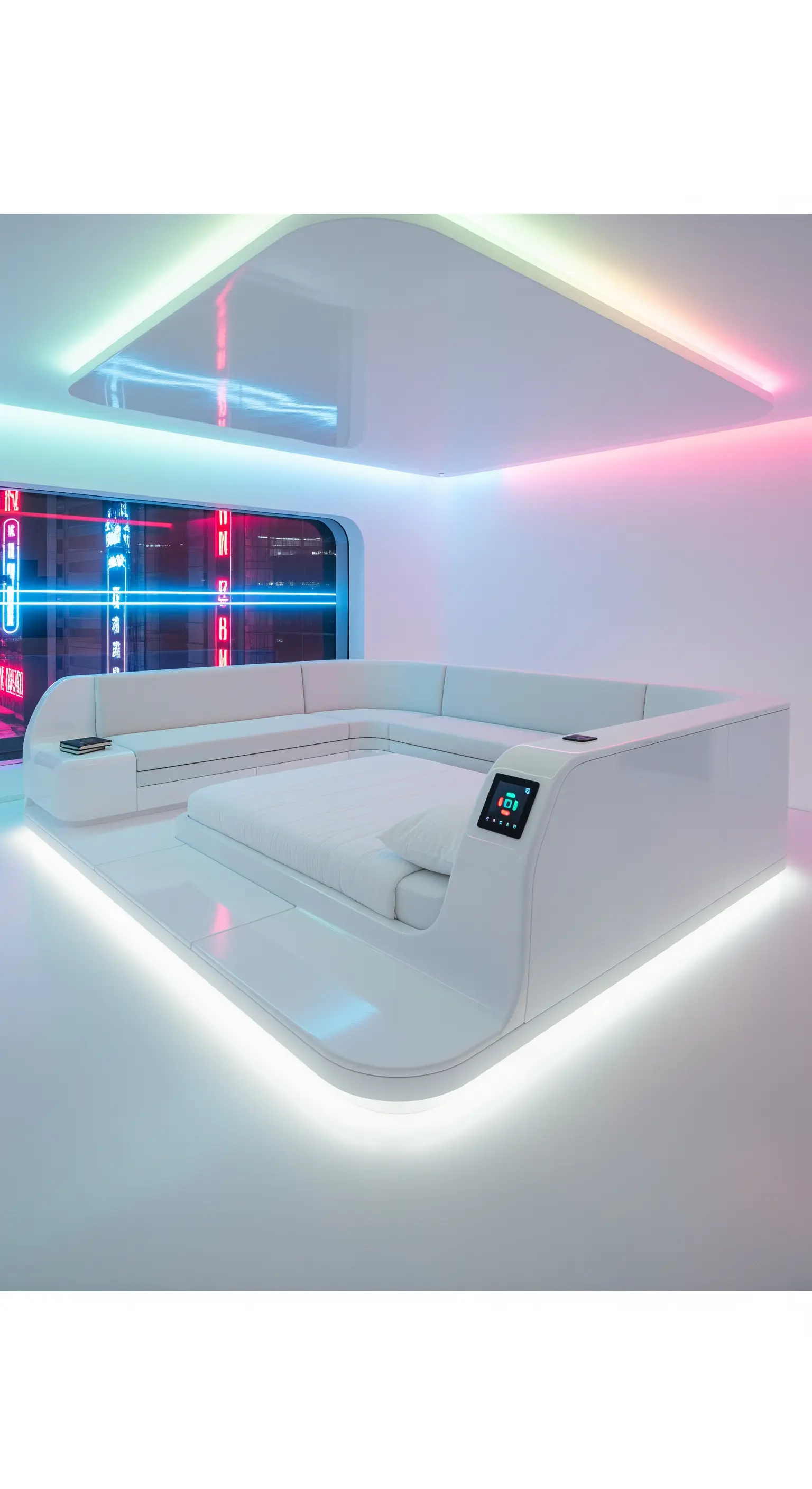 Futuristisches weißes Bett, das nahtlos in eine umlaufende Couch übergeht, mit LED-Beleuchtung.