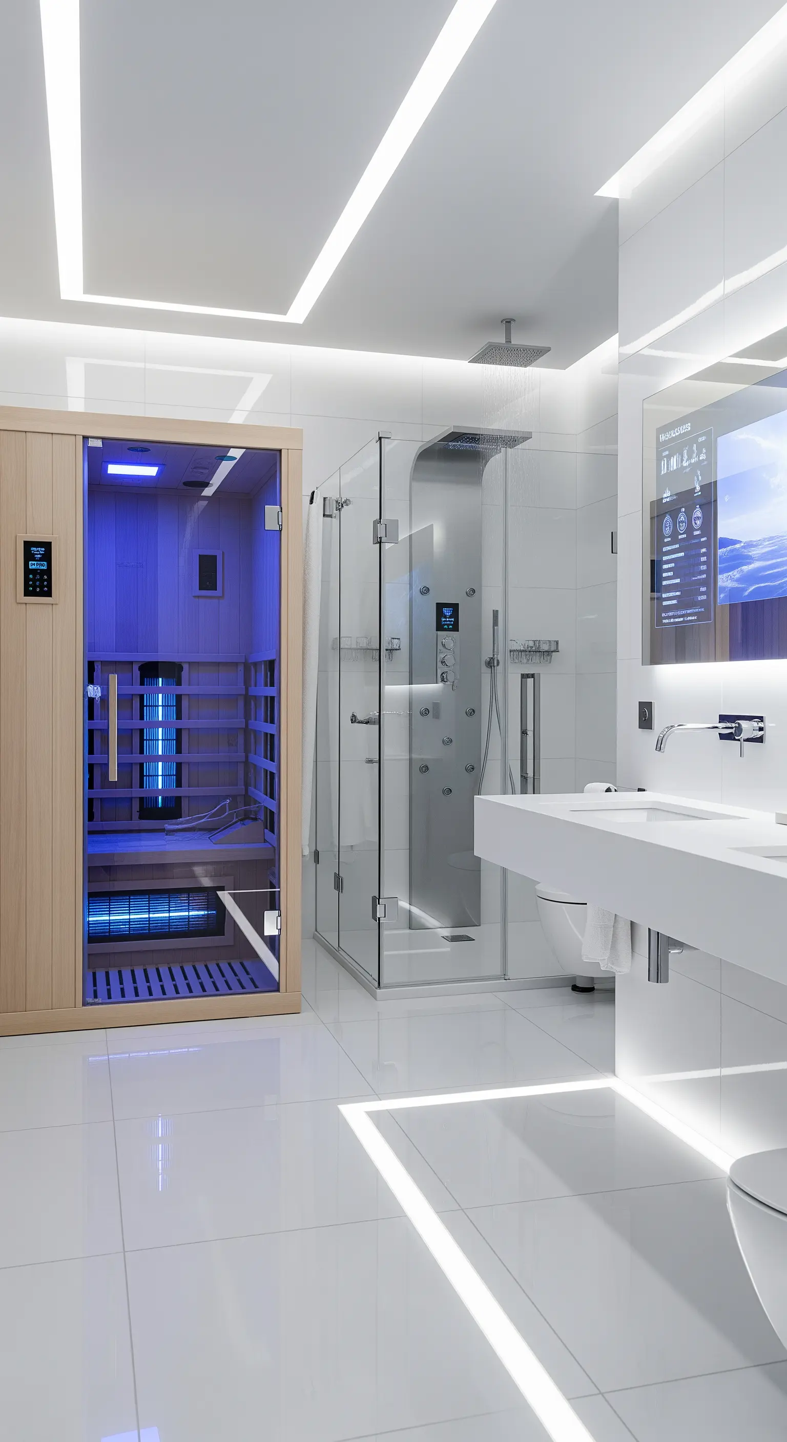 Weißes, futuristisches Badezimmer mit smarter Technik und Infrarotsauna.