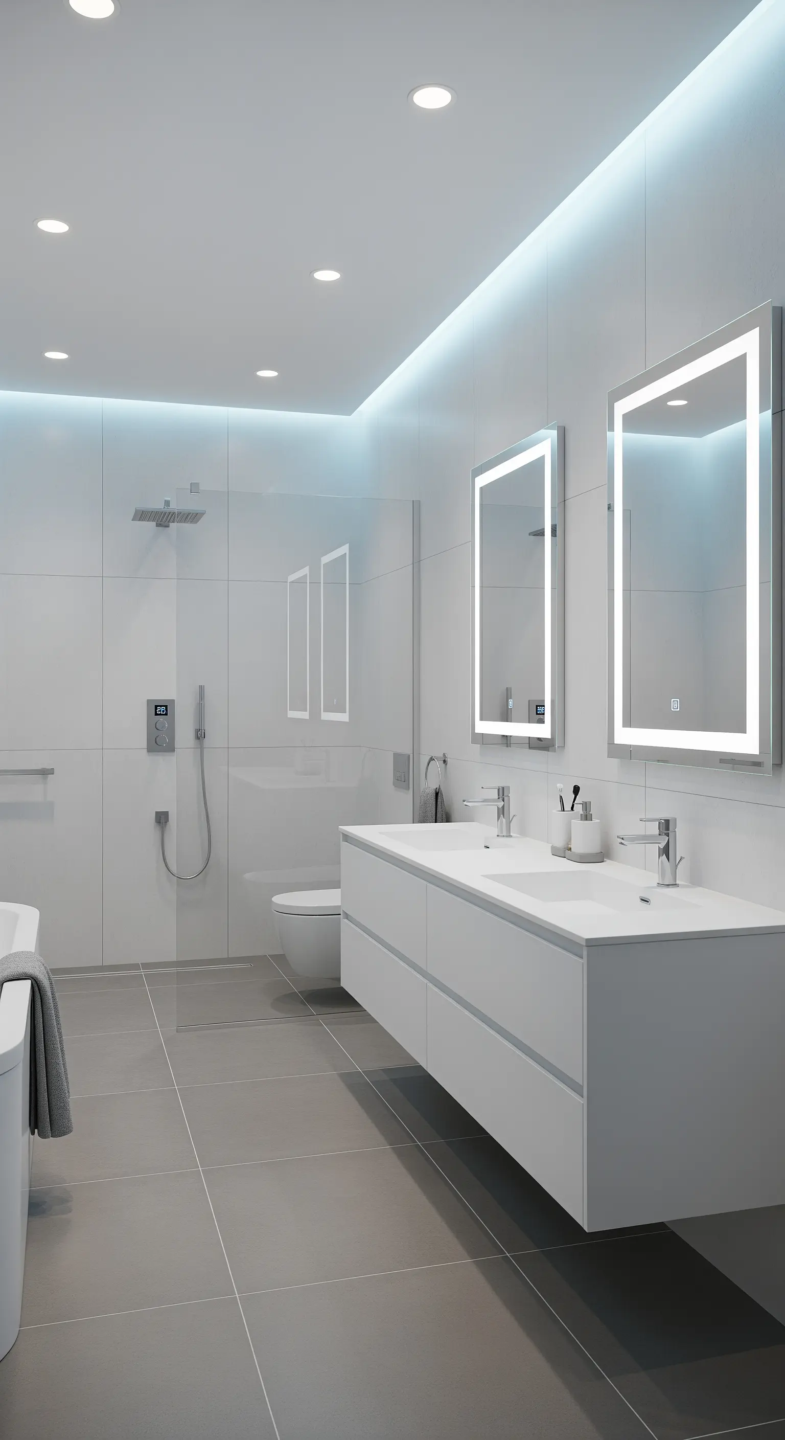 Weißes, modernes Badezimmer mit schwebendem Waschtisch und integrierter LED-Beleuchtung.