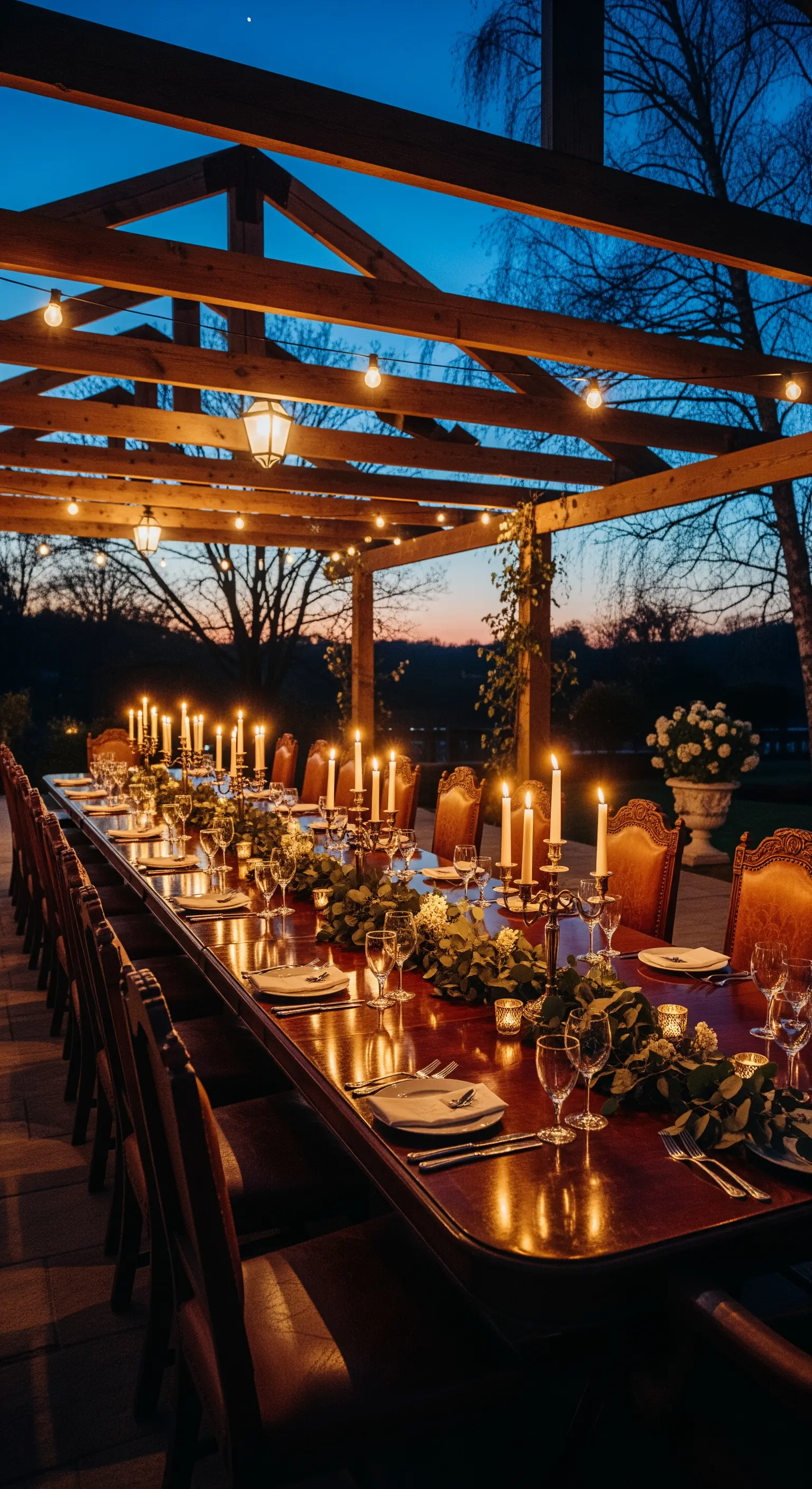 Lange Holztisch-Tafel unter Pergola mit Lichterketten und Kerzen, festlich gedeckt