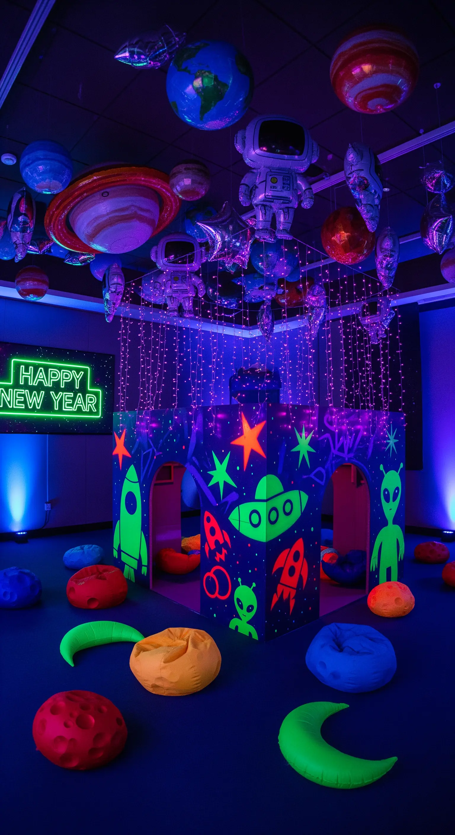 Weltraum-Partyraum im Schwarzlicht mit Planeten, Aliens und Neon-Dekoration.
