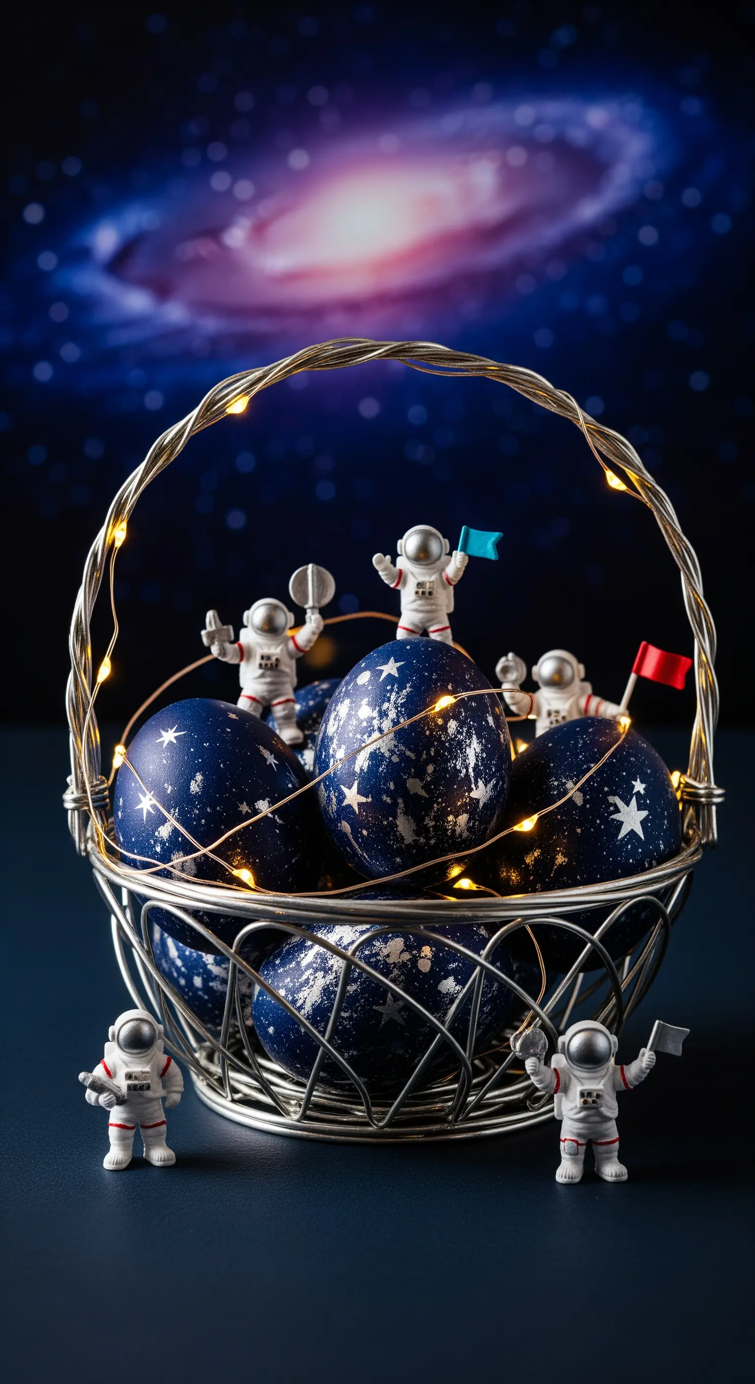 Galaktischer Osterkorb mit leuchtenden Eiern, Astronautenfiguren und Sternenhimmel-Hintergrund