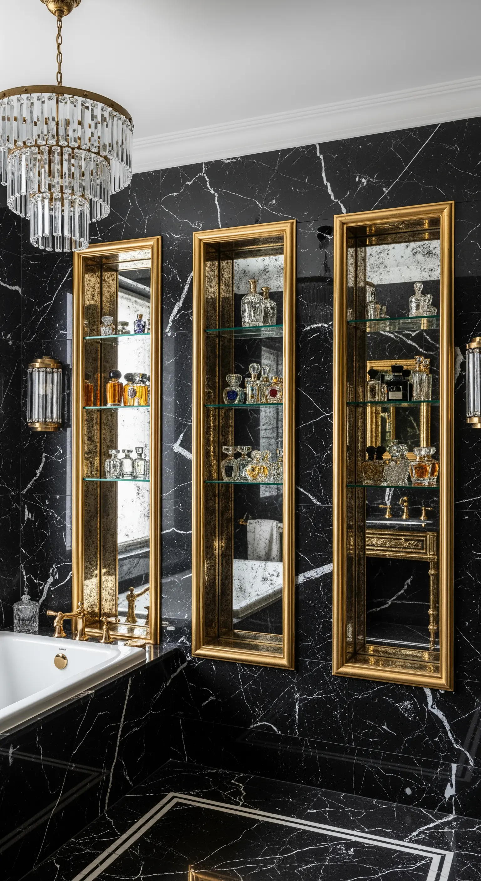 Goldgerahmte, verspiegelte Wandnischen für Parfumflakons vor schwarzem Marmor.
