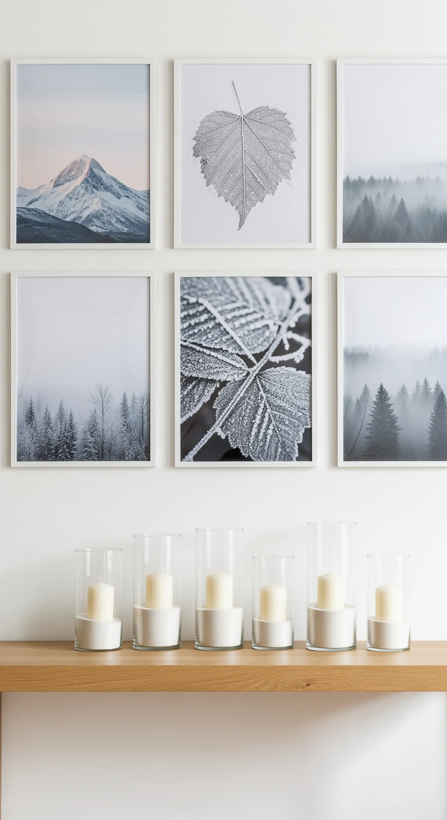Bildergalerie mit Wintermotiven, Kerzen in Gläsern mit Sand auf Holzregal.