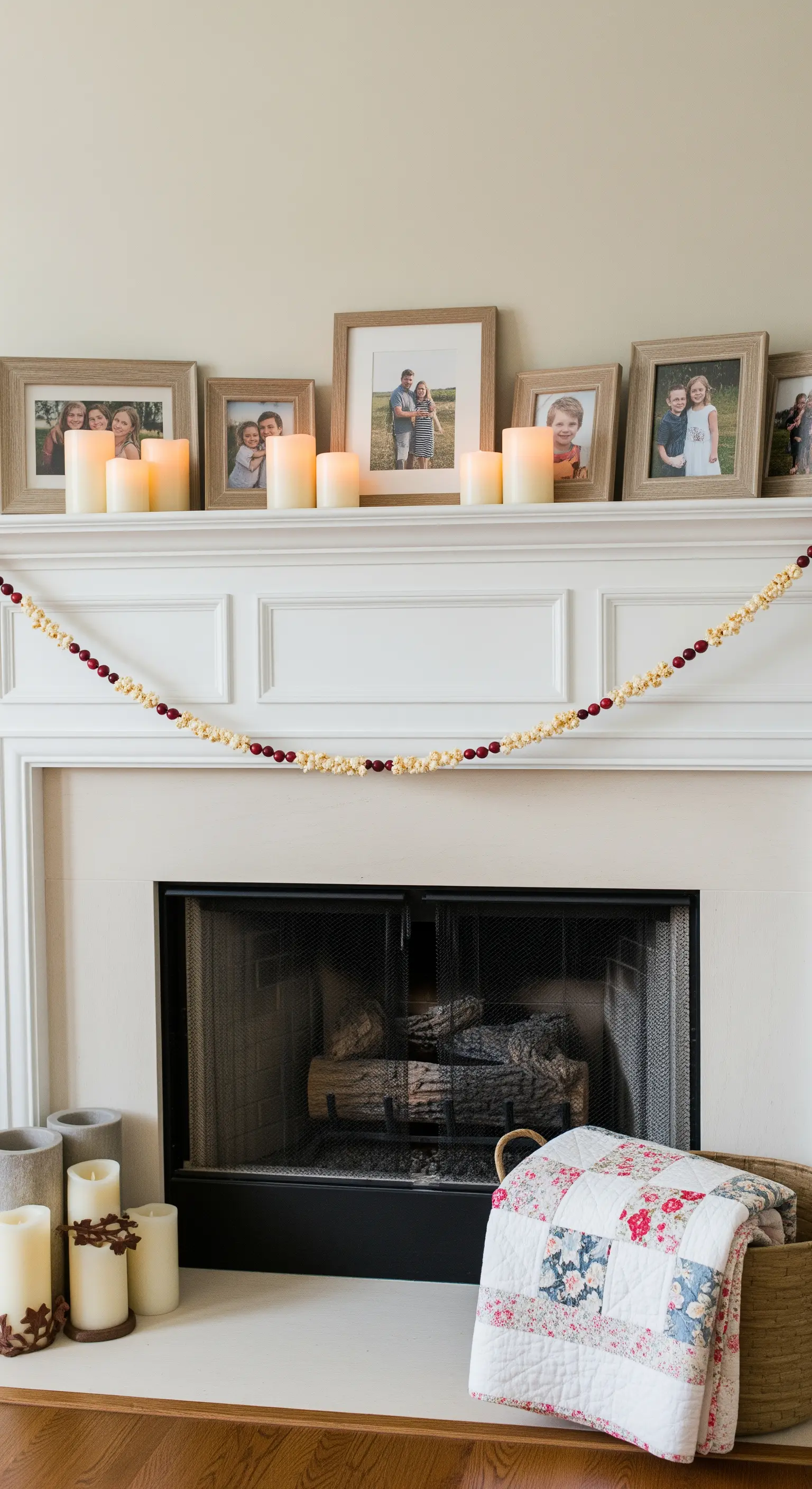 Weißer Kamin, dekoriert mit Familienfotos in Holzrahmen und LED-Kerzen.