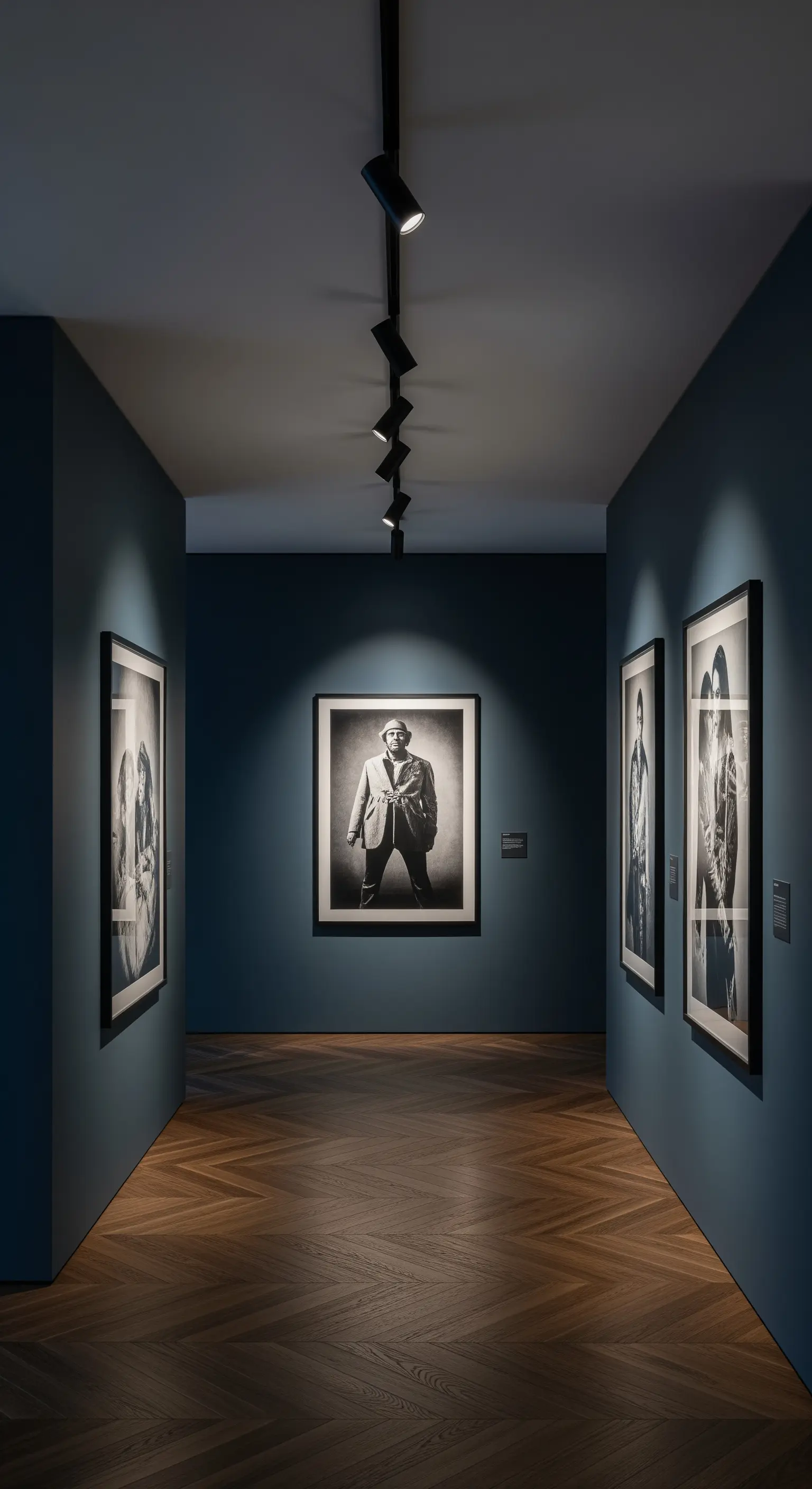 Galerie-Flur mit dunkelblauen Wänden, Spot-Beleuchtung und Schwarz-Weiß-Fotografien
