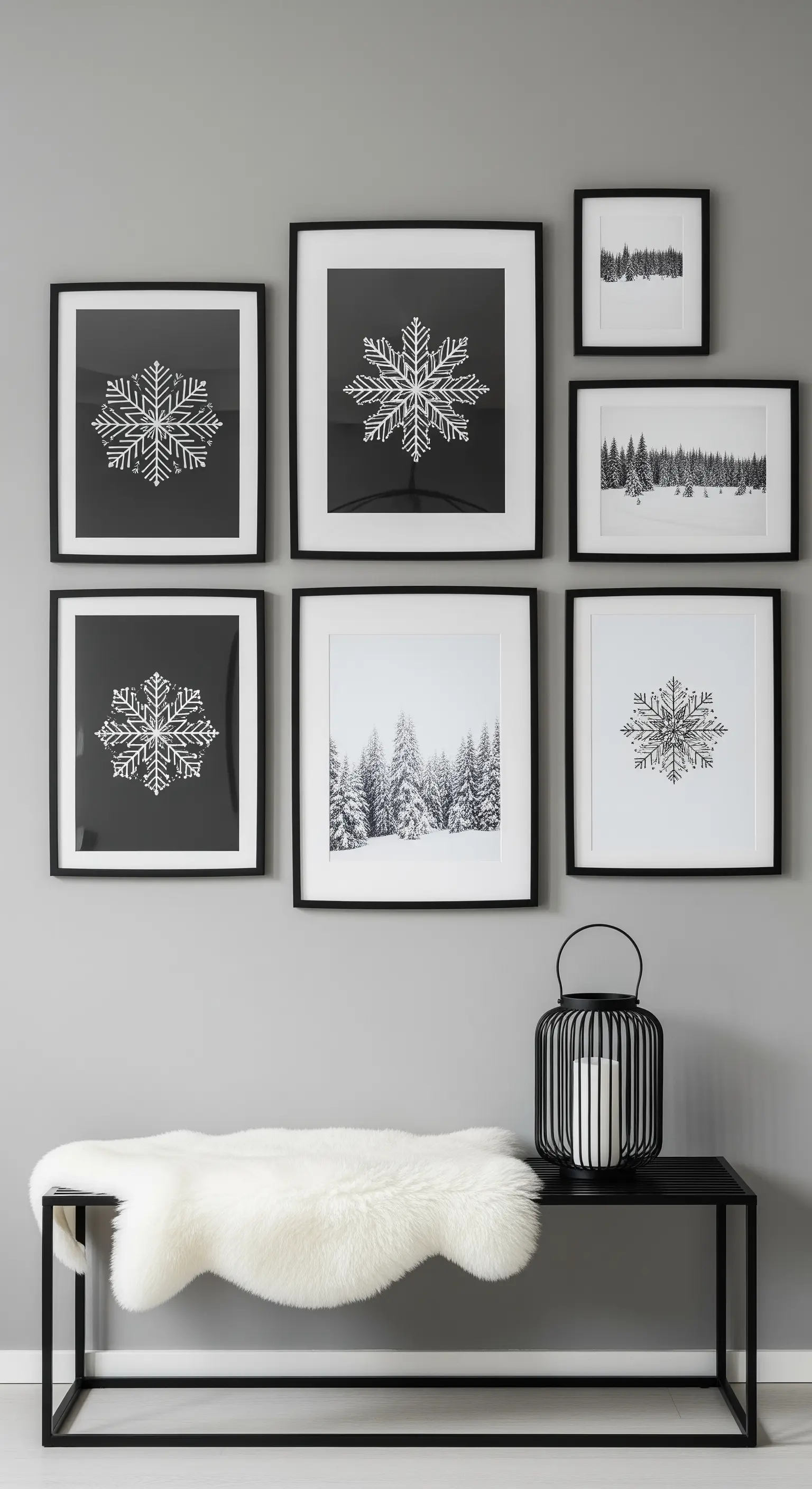 Galerie-Wand mit Schwarz-Weiß Winterbildern und Fell auf einer Bank.