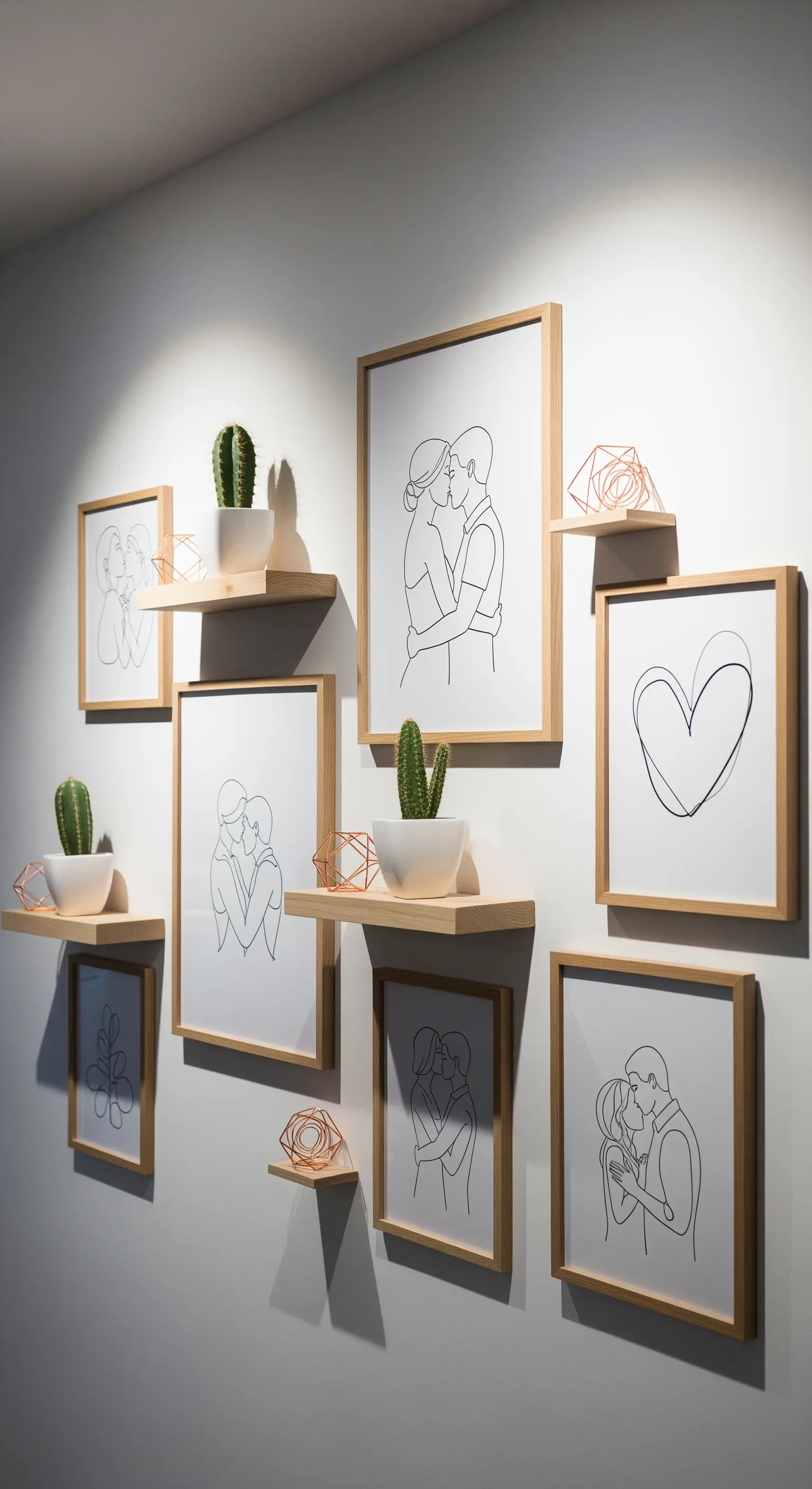 Galerie-Wand mit Line-Art-Bildern, Holzregalen, Kakteen und Kupfer-Deko