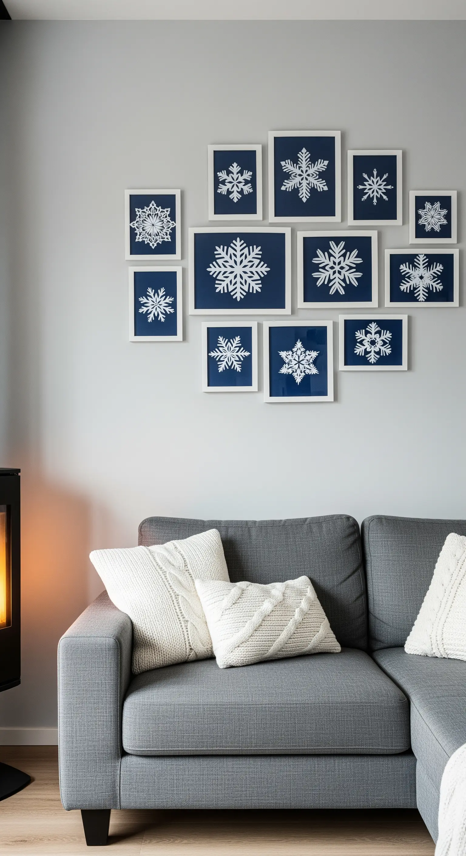 Wanddekoration mit gerahmten Schneeflockenbildern über einem grauen Sofa