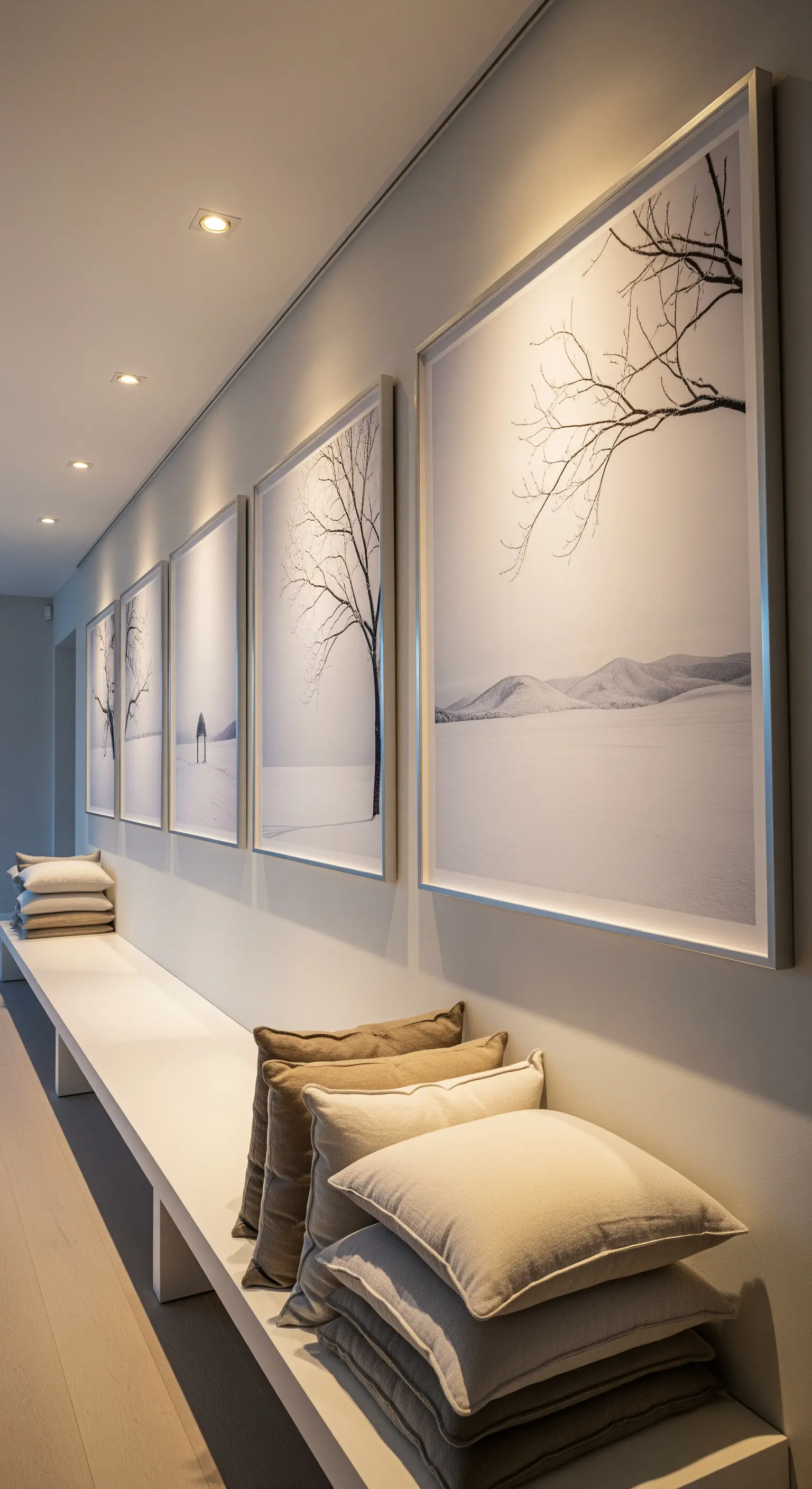 Lange Flurbank unter monochromen Winterbildern mit neutralen Kissen.