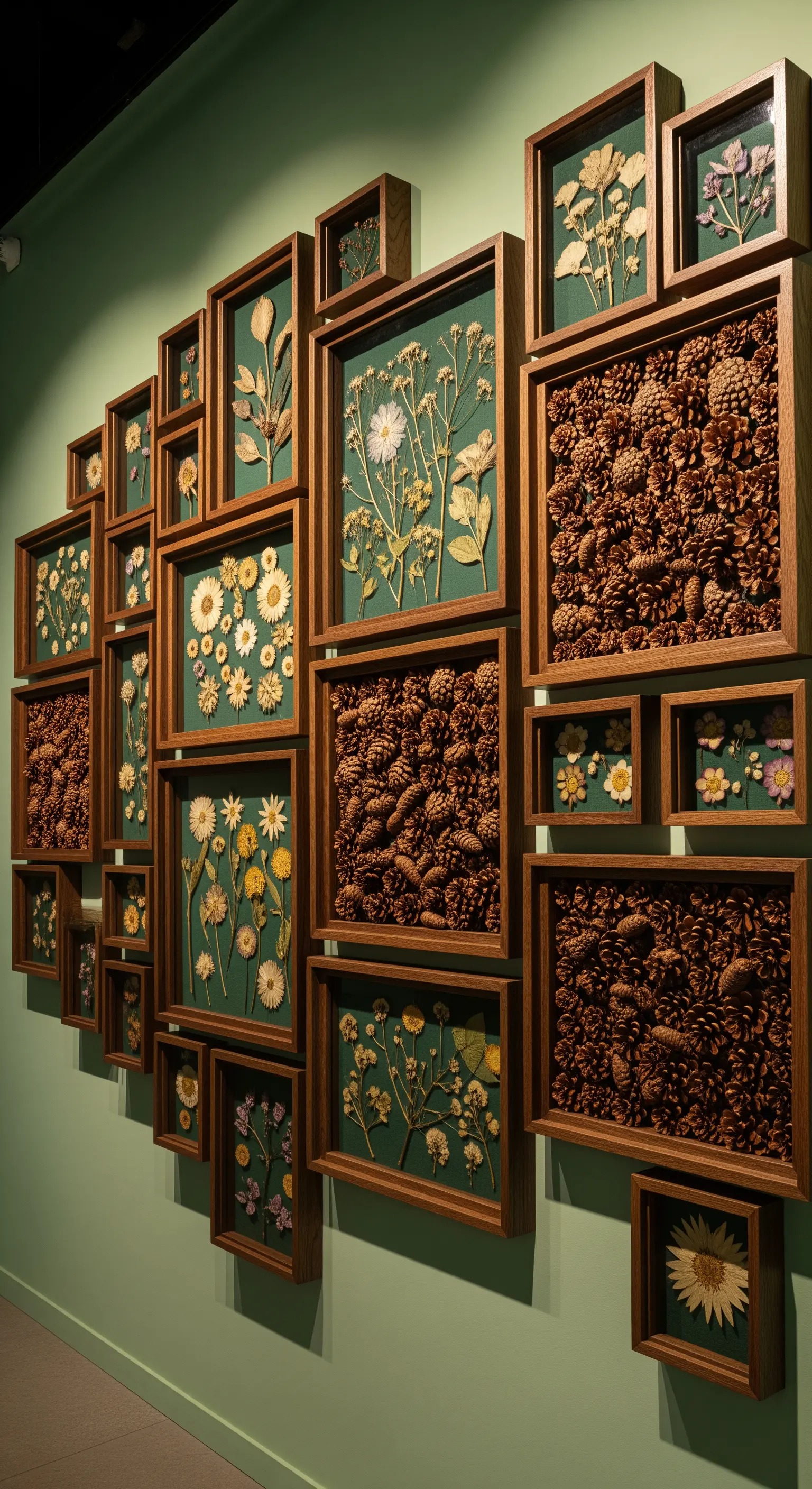 Galeriewand mit gerahmten Trockenblumen und Rahmen gefüllt mit Tannenzapfen auf grüner Wand