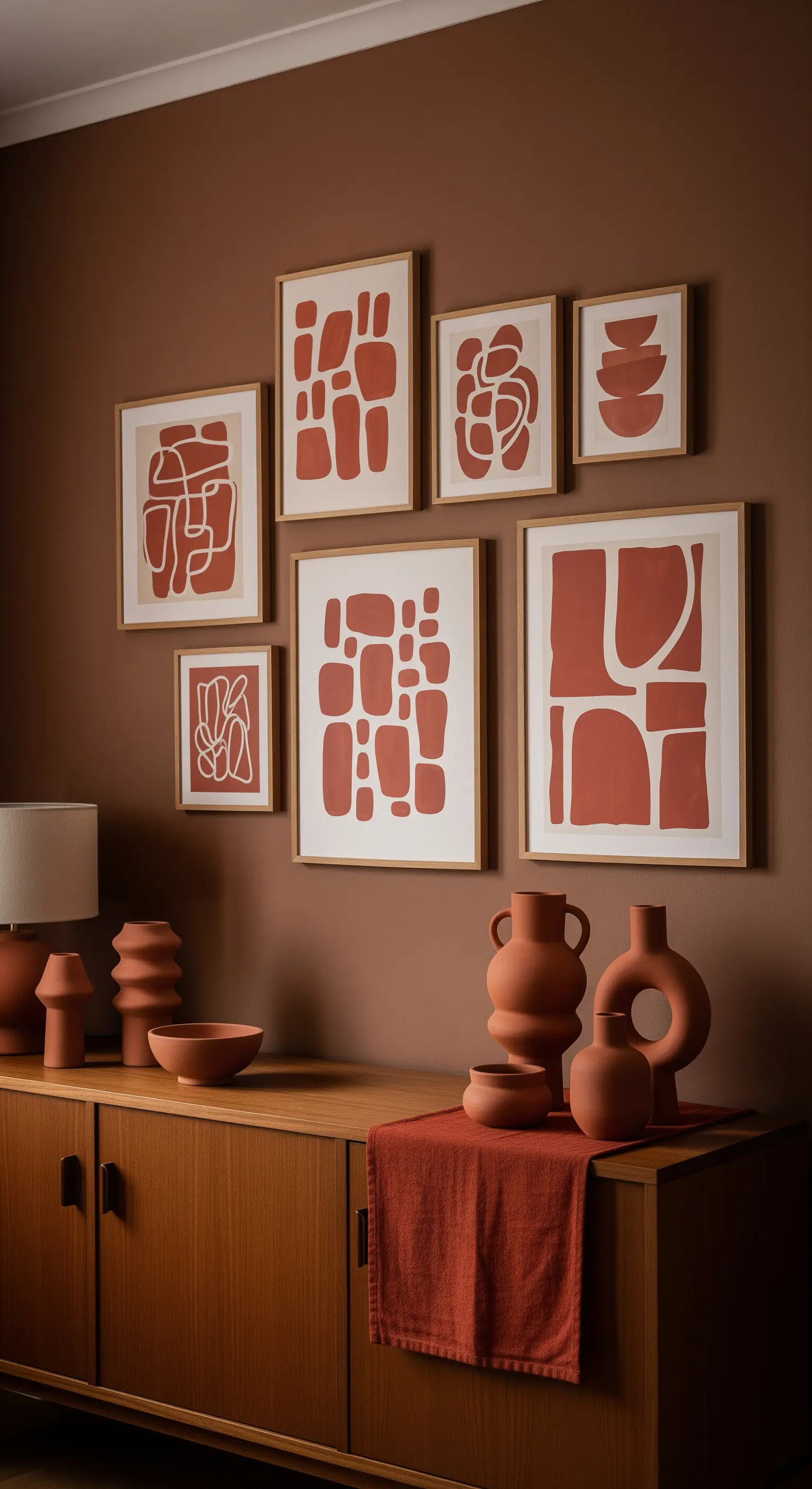 Galeriewand mit abstrakten Herbstbildern und Terrakotta-Keramik auf Sideboard