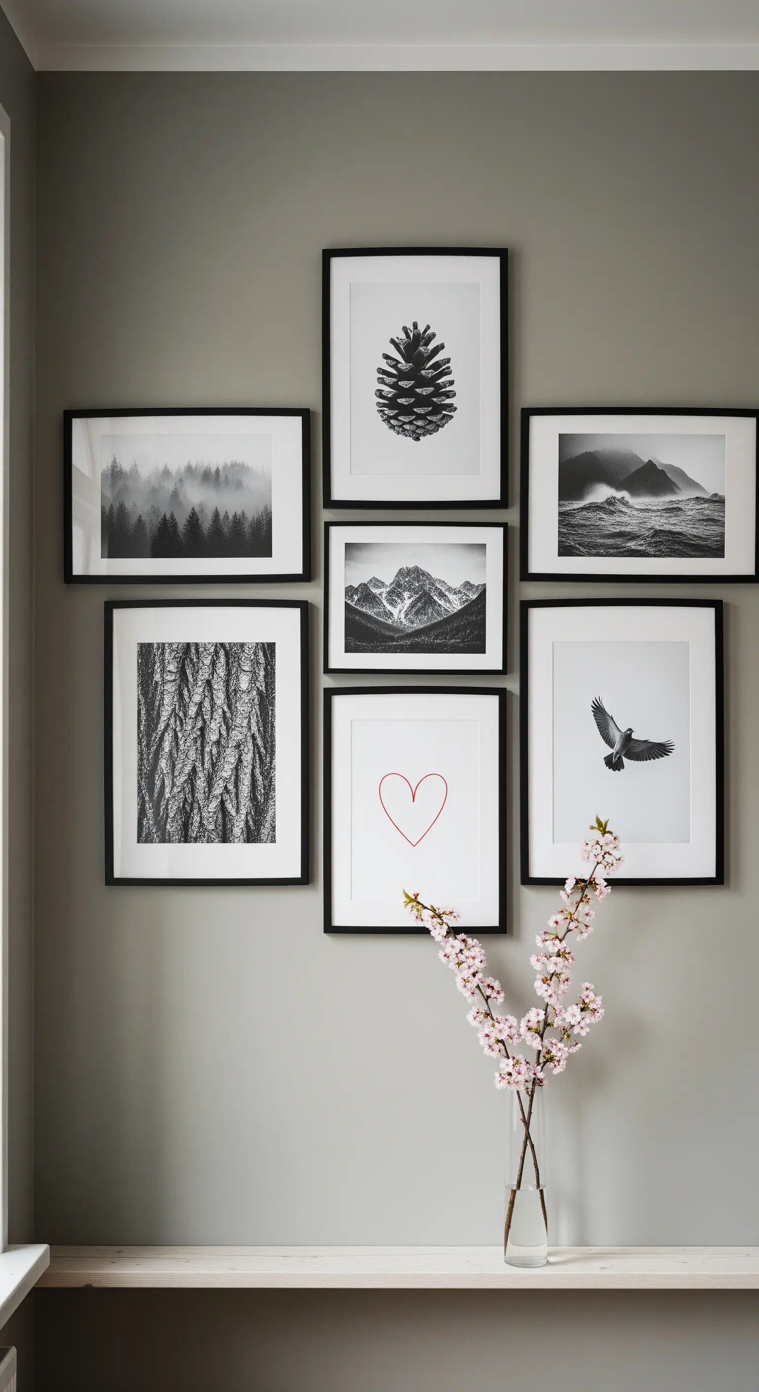 Galeriewand mit Schwarz-Weiß-Bildern und einem gerahmten roten Herzmotiv.