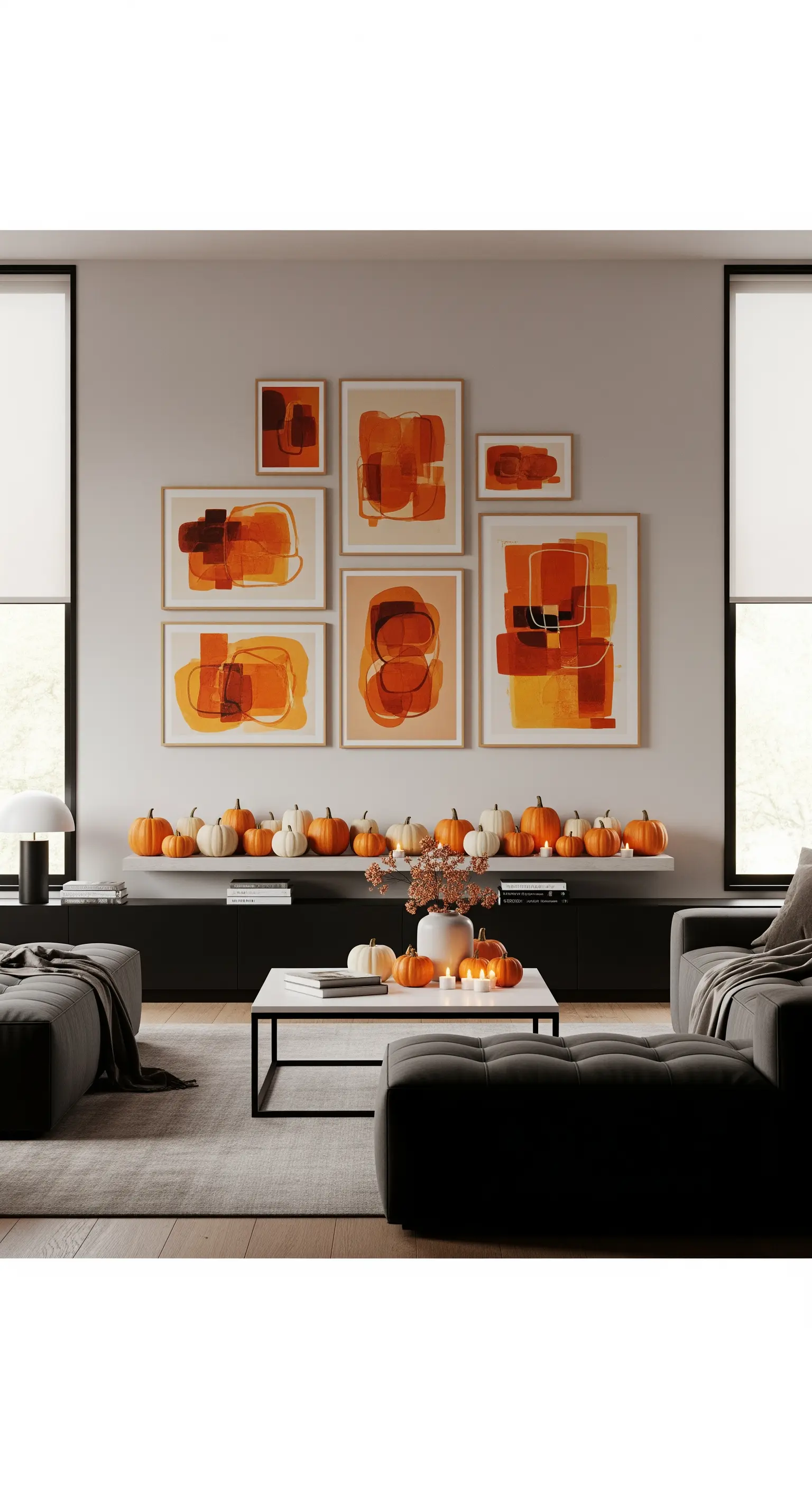 Moderne Galerie-Wand mit orangefarbener Kunst und Kürbissen.