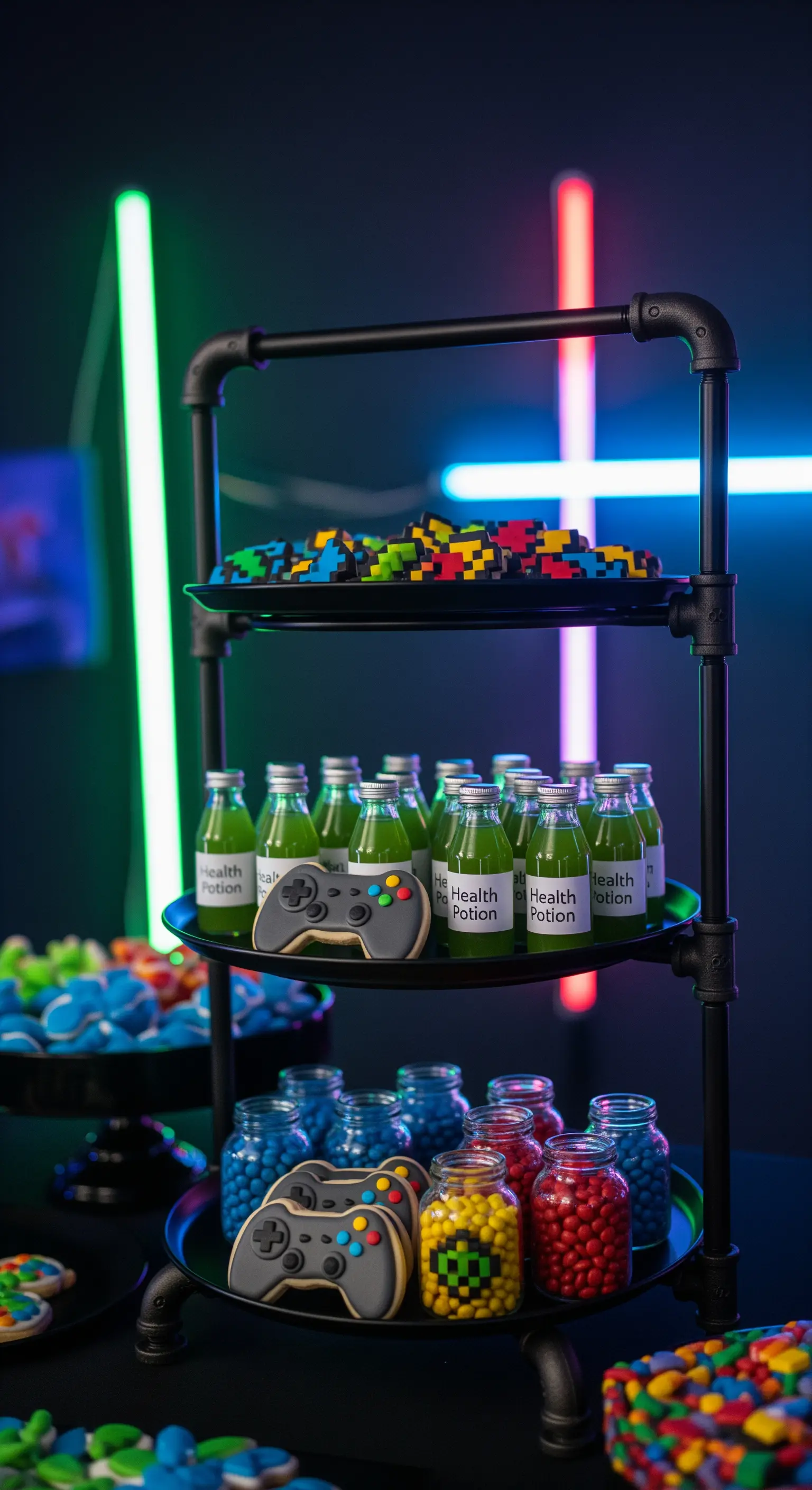 Schwarze Industrie-Rohr-Etagere mit Gamer-Keksen und grünen „Heiltränken“.