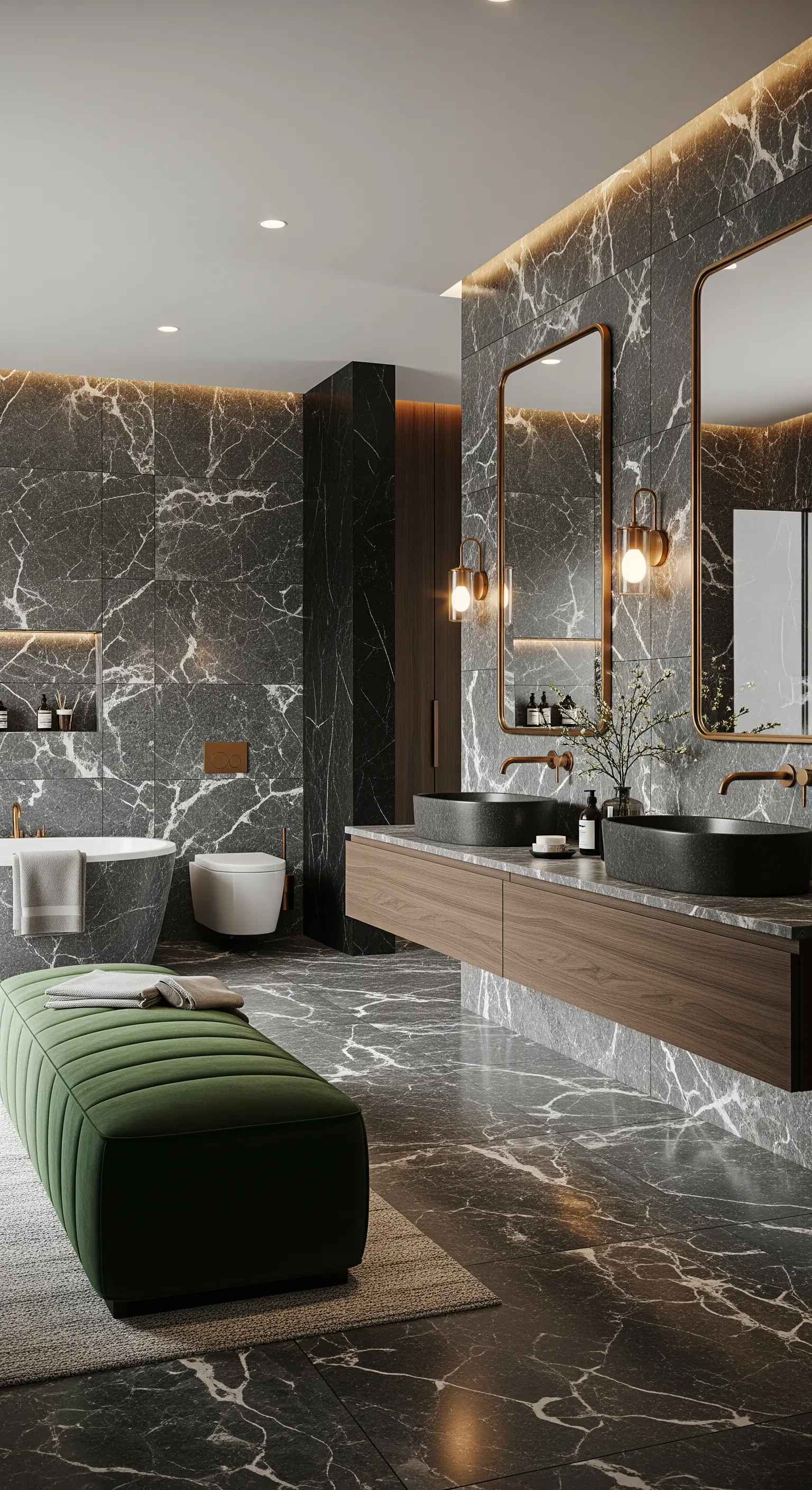 Luxuriöses Badezimmer, komplett mit dunkelgrauem Marmor gefliest, mit einer olivgrünen Samtbank