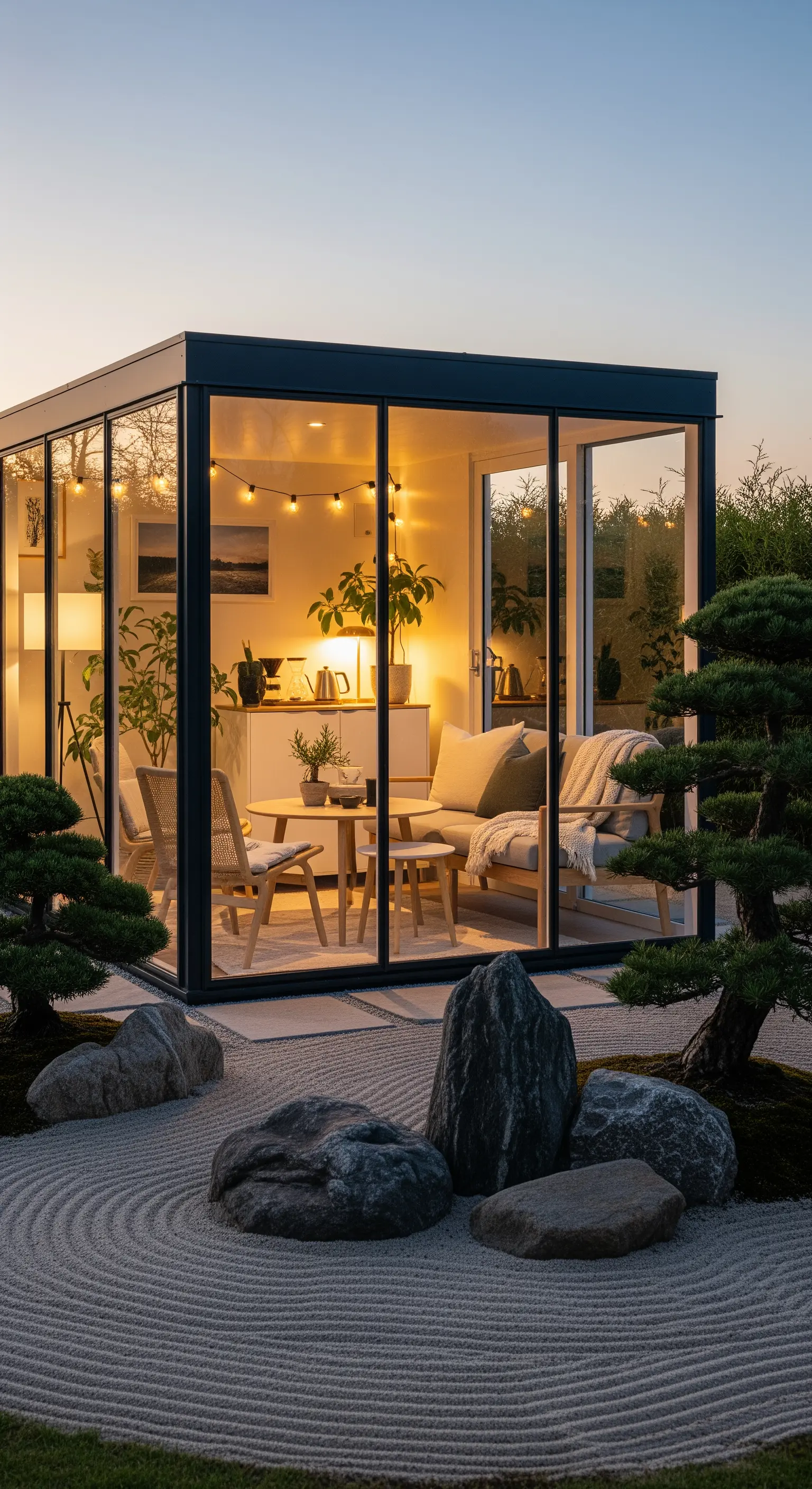 Japandi Gartenhaus mit Glaswänden und Zen-Garten