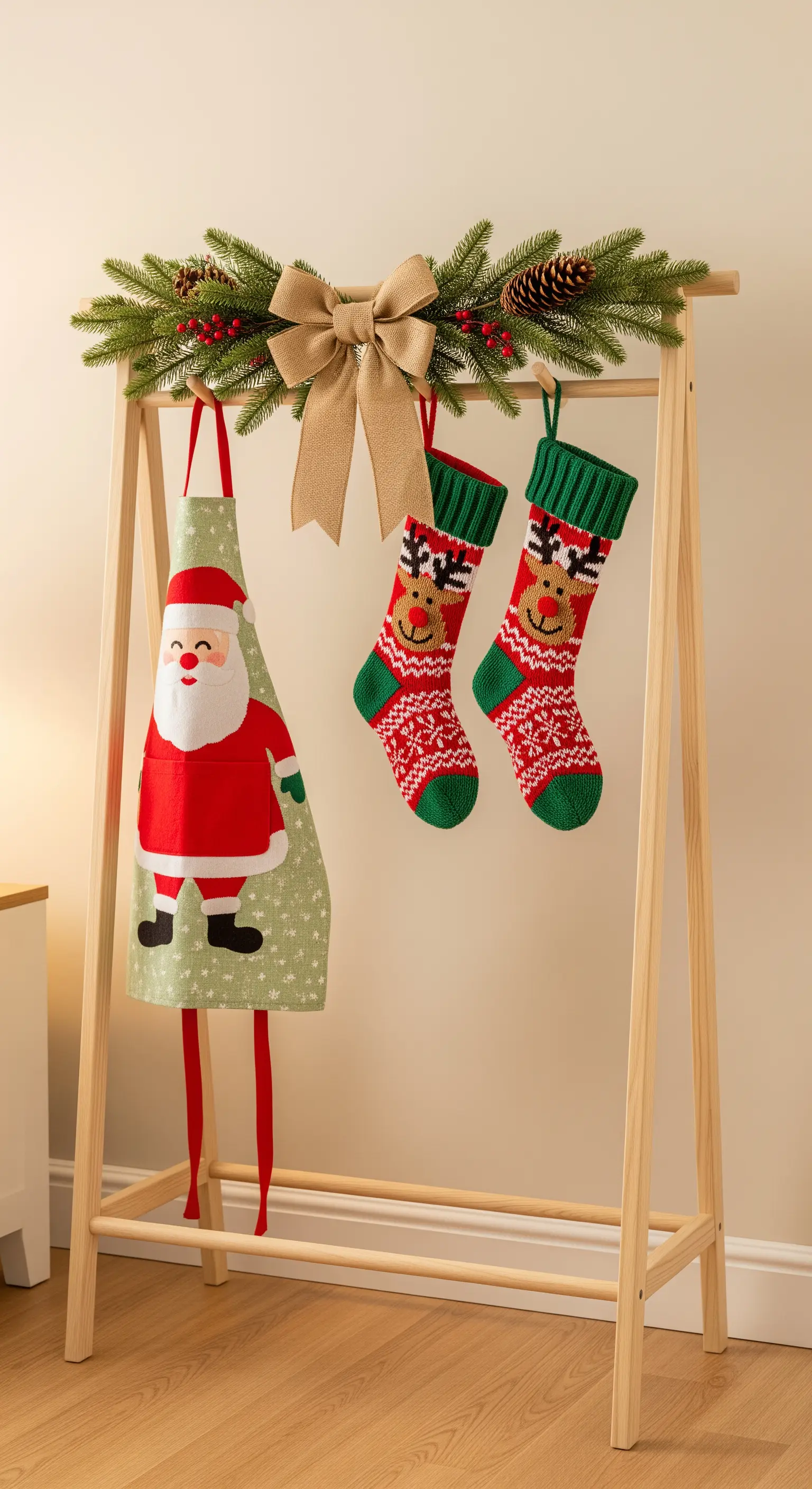 Kleiderständer mit Tannengirlande, Weihnachtssocken und Weihnachtsschürze.