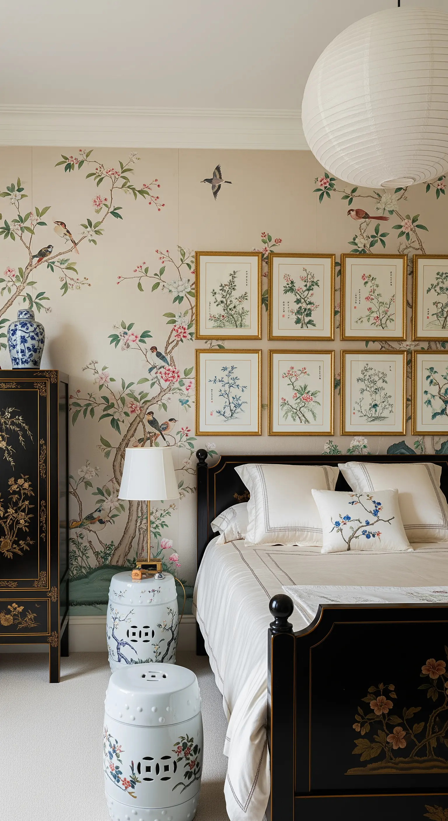 Chinoiserie-Schlafzimmer mit Blumentapete und einer Galerie passender botanischer Drucke.