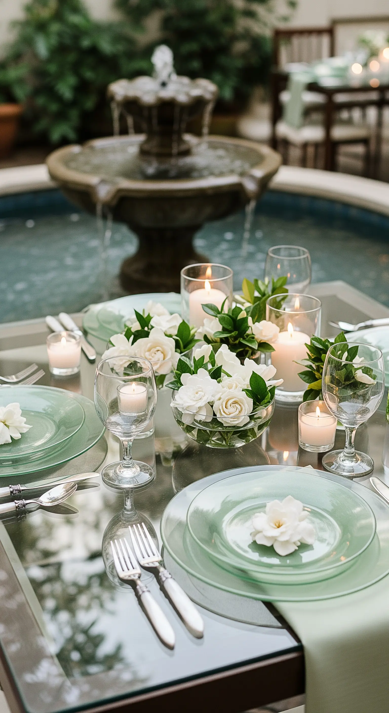 Elegante Tischdeko in Mintgrün mit weißen Gardenien neben einem Springbrunnen.