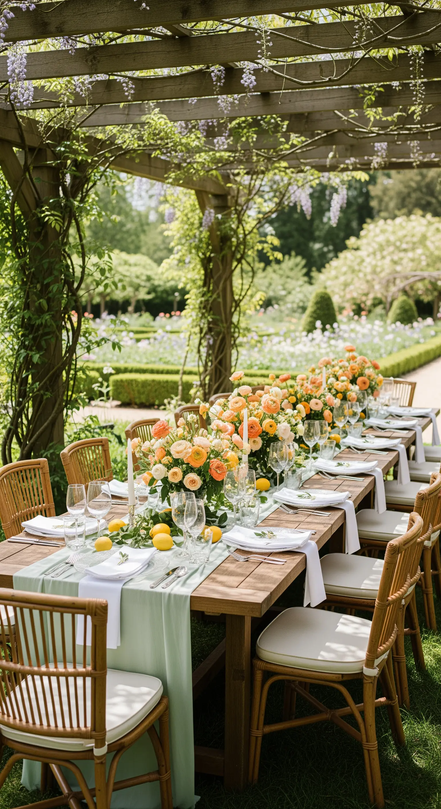 Langer Holztisch unter Pergola mit orangefarbenen Blüten, Zitronen und mintgrünem Läufer