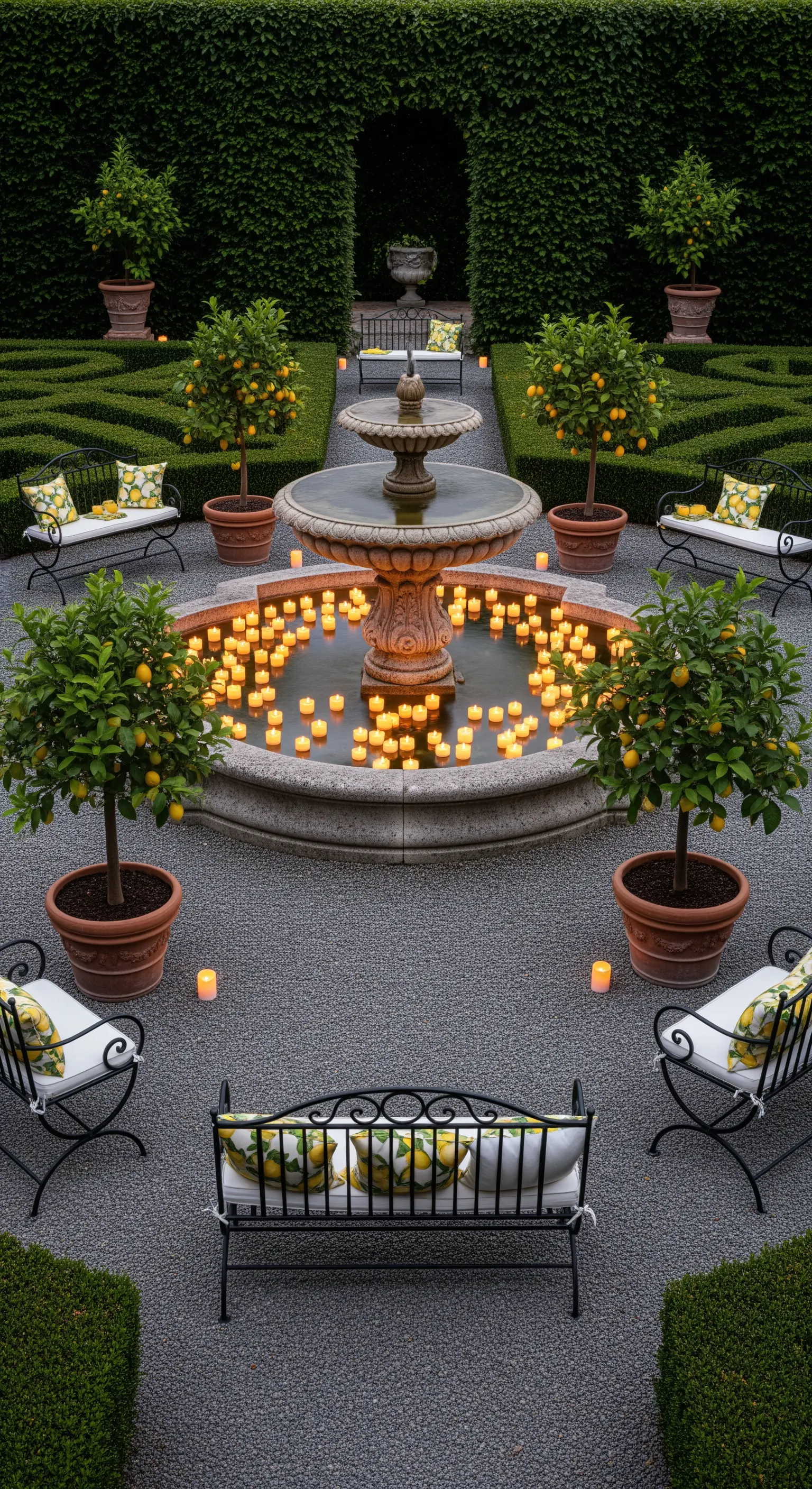 Gartenbrunnen mit schwimmenden Kerzen und Zitronenbäumen in Terrakottatöpfen