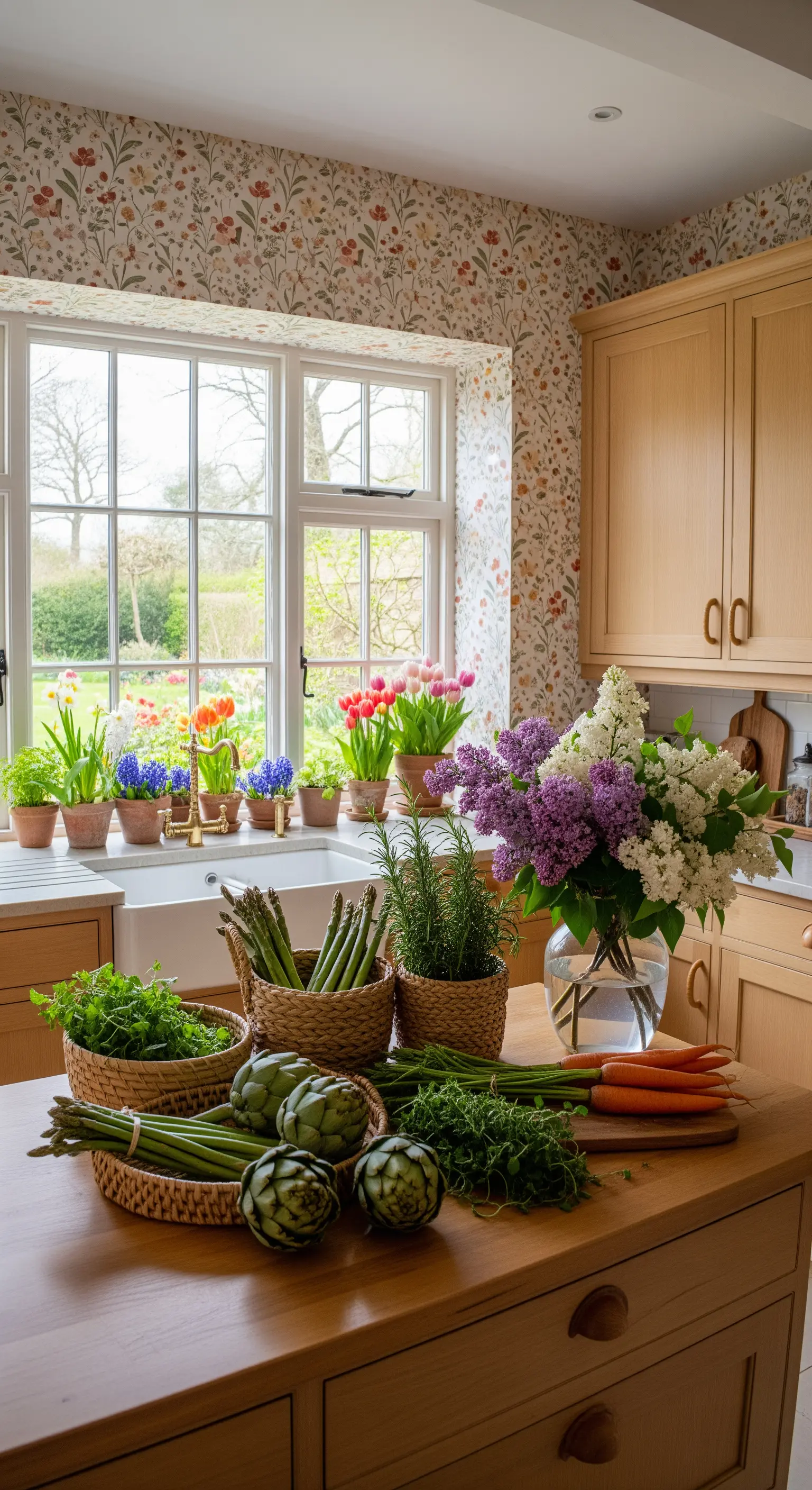 Fensterbank mit Frühlingsblumen, Kräutern und Fliederstrauß