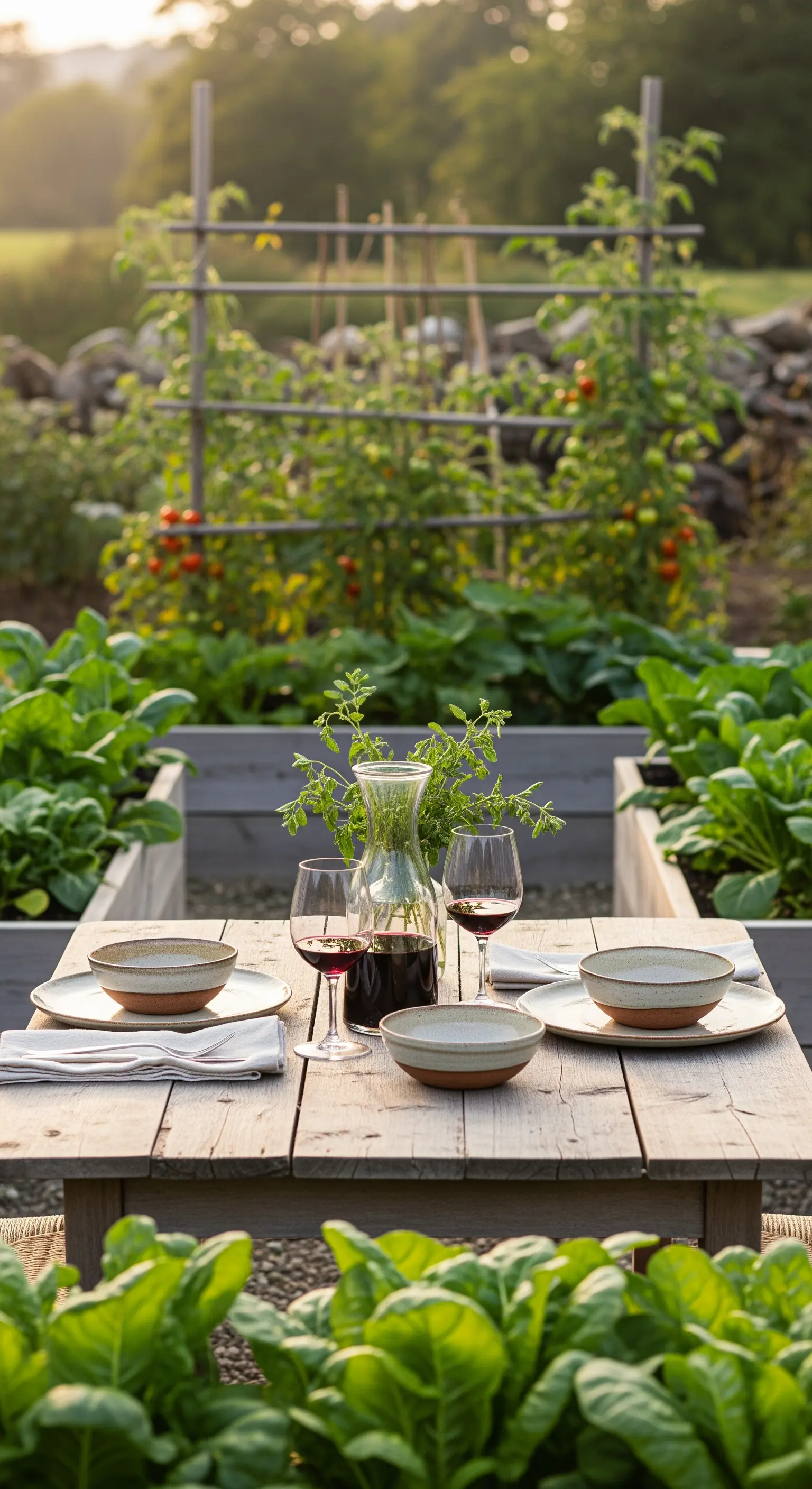 Holztisch in einem Gemüsegarten mit Keramikgeschirr und frischen Kräutern